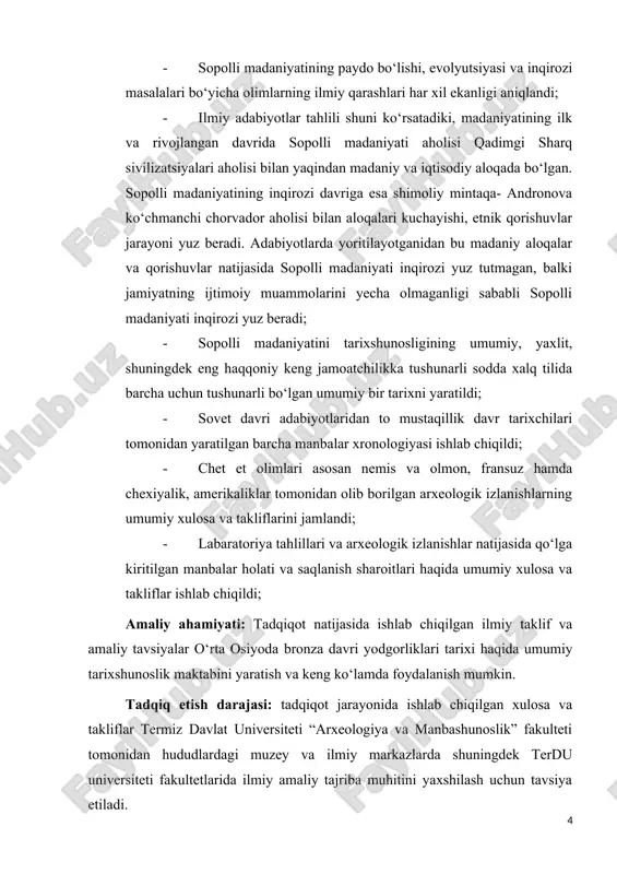 , to analyze the history of the study of sopolli culture in foreign studies, to connect the terms sopolli culture and ox civilization. research methods: analytical analysis, scientific abstraction, analysis and synthesis, monographic observation, comparison, induction and deduction, static grouping, systematic analysis, graphical representation, chronological and problematic methods were used. gold results and their news: initially, local but also foreign researches about sopolli culture were studied, the collected sources were compared to each other and the most authentic source was created and their scientific authenticity was studied. - scientific literature, conferences, popular scientific magazines and the information in the works written during the soviet period was systematically periodized; - museums where the findings of the pottery culture are stored and their storage conditions and scope were inspected in detail; - currently, the territory and space creatd by representstives of this culture are studied, their condition and the funds allocated by …
