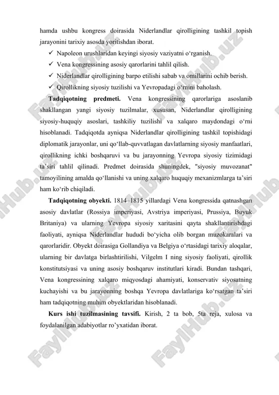 iy tartibni o‘rnatish va fransiyada ro‘y bergan inqilobiy harakatlarning boshqa davlatlarga tarqalishining oldini olish tarafdori edi. kongressda ishtirok etgan davlatlar o‘zaro raqobat qilayotgan bo‘lsa-da, ularni umumiy bir maqsad — yevropada siyosiy muvozanat va tartibni tiklash g‘oyasi birlashtirib turardi. ayniqsa, "legitimizm", ya’ni napoleon davrida taxtdan ag‘darilgan sulolalarni qayta tiklash g‘oyasi asosiy yo‘nalishlardan biri bo‘ldi. shuning uchun ham kongressda ko‘plab davlatlarda monarxiyalar qayta tiklandi va taxtlar sobiq qirollik sulolalariga qaytarildi. bu o‘z navbatida, vena kongressining reaksion xarakterini ko‘rsatib berdi. vena kongressining muhim natijalaridan biri yevropa siyosiy xaritasining qayta shakllanishidir. napoleon davrida hududiy jihatdan bo‘linib ketgan ko‘plab yerlar qayta birlashtirildi yoki boshqa davlatlarga berildi. masalan, norvegiya daniyadan ajratilib, shvetsiyaga biriktirildi, gollandiya va belgiya hududlari birlashtirilib, birlashgan niderlandlar qirolligi tashkil etildi. germaniya hududida esa 300 dan ortiq mayda knyazliklar o‘rniga germaniya konfederatsiyasi tuzildi, bu konfederatsiyaga 39 ta davlat birlashtirildi. polsha masalasi bo‘yicha esa rossiya imperiyasining pozitsiyasi kuchli bo‘lib, u polshaning katta qismini o‘z nazoratiga …