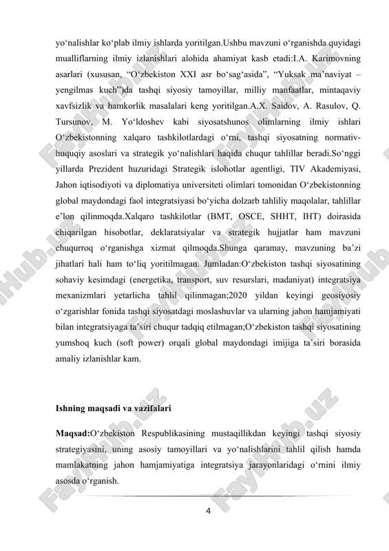 siyosatning shakllanish bosqichlari o‘zbekiston o‘zining joylashuviga ko‘ra markaziy osiyoning transport, energetika, kommunikasiya, suv tizimi markazida joylashgan. tabiiy iqlim sharoiti qulay, ulkan mineral – xomashyo zaxiralari va strategik materiallarga ega, dehqonchilik madaniyati rivojlangan, oziq-ovqat bilan o‘zini ta’minlashga qodir. o‘zini neft, gaz, rangli metallar bilan ta’minlabgina qolmay, ularni yeksport qilish imkoniyatiga ham ega. o‘zbekiston respublikasining yer ostida amaldagi mendeleyev davriy tizimining barcha elementlari mavjud. mazkur imkoniyatlari bo‘lgan taqdirda ham o‘zbekiston geosiyosiy joylashuvini noqulayliklardan mustasno deb bo‘lmaydi. shu jihatdan o‘zbekiston respublikasiga qiyinchiliklar tug‘diruvchi quyidagi omillar mavjud: o‘zbekiston fors ko‘rfazi, kaspiy dengizi havzasi va tarim havzasining neft va gazga juda boy konlari joylashgan yarim halqaning strategik markazida joylashgan.[footnoteref:1] shuning uchun bu hududda butun dunyoda energiya taqchilligi sharoitida ko‘pgina davlatlarning bir-biriga mos kelmaydigan manfaatlari o‘zaro to‘qnashmoqda. dunyodagi kuchli davlatlar mazkur mintaqada o‘z manfaatlarini izlamoqda. shu bilan birga, o‘zbekiston mintaqadagi etnik murosasizlik, narkobiznes va har xil tashqi kuchlar tomonidan rag‘batlantirilib kelinayotgan, ichki mojarolar hali ham tugatilmagan …