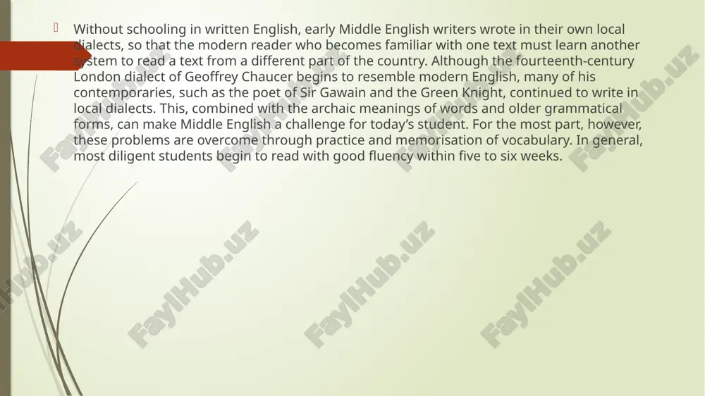 tore, waste) and scandinavian (cast, crawl, glitter, lift, raise, want, etc.). the middle english grammar there developed more verbal categories: the category of voice, the category of aspect, and the future tense. the future → modal verbs shall and will lost their lexical meaning and started to express the future meaning: e.g. me thinketh that i shal reherce it heere (i think i’ll retell it). analytic forms of the subjunctive mood appeared formed by means of should / might + an infinitive, e.g. this arcite and this palamoun … myghte han lyved in thebes royally (lo, here, arcita and this palamon … might have lived in thebes right royally). the middle english grammar the passive voice appeared in me having developed from the oe verb phrase: oe beon / weorþan + participle ii of transitive verbs. it expressed not only states, but also actions, e.g. and that was sayd in …