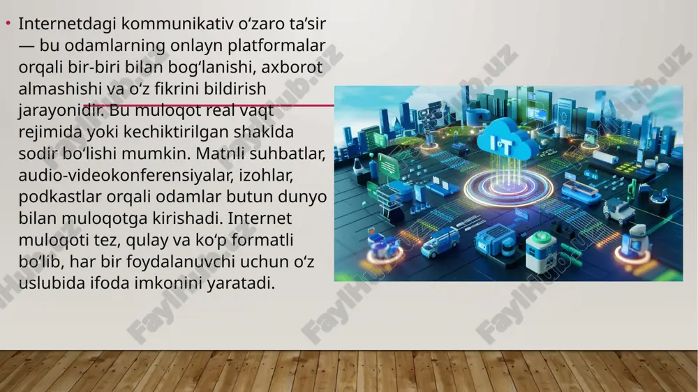 lashlari mumkin. podkastlar auditoriya uchun yanada yaqinroq bo‘lgan muloqot muhitini yaratadi, bu esa tinglovchilarning ishtirokini oshiradi va ularni kontent bilan yaxshiroq bog‘laydi. internetdagi kommunikatsiya vositalari, jumladan virtual dunyo, bloglar, tvitlar va podkastlar, tezkor axborot almashish va keng auditoriyaga etkazish imkoniyatlarini taqdim etadi. har bir platformaning o‘ziga xos afzalliklari bor: bloglar batafsil tahlillar, tvitlar esa tezkor xabarlar almashinish uchun qulay. podkastlar esa yanada interaktiv va ko‘proq tinglovchilar bilan aloqaga kirishish imkonini beradi. internetdagi kommunikatsiya xavfsizligi muhim ahamiyatga ega. foydalanuvchilar o‘z shaxsiy ma’lumotlarini himoya qilishlari zarur. internet platformalarida xavfsizlikni ta’minlash uchun xavfsizlik siyosatlari va ma’lumotlarni himoya qilish texnologiyalari mavjud. kommunikatsiya vositalaridan foydalanishda ehtiyotkorlik va mas’uliyat muhimdir. internetdagi kommunikatsiya vositalari tez o‘zgarib, yangi texnologiyalar yordamida rivojlanib bormoqda. virtual dunyo, bloglar, tvitlar va podkastlar kelajakda yanada samarali va interaktiv bo‘lishi kutilmoqda. bu vositalar odamlar o‘rtasidagi aloqani yaxshilash va global muloqotni rivojlantirishda muhim rol o‘ynaydi. kelajakda bu vositalar yordamida yangi g‘oyalar va innovatsiyalar shakllanishi mumkin. …