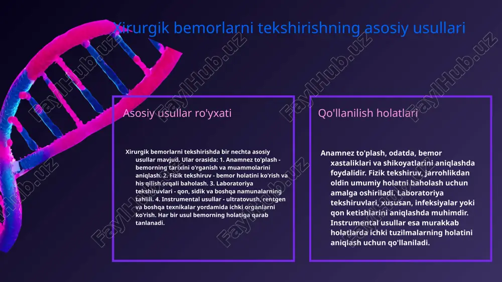 rni tekshirishda eng ko'p qo'llaniladigan usullar qatoriga anamnez olish, fizik tekshirish va laboratoriya tadqiqotlari kiradi. bu usullar bemorning holatini baholashda muhim ahamiyatga ega. • maxsus usullar: qo'shimcha tekshirish usullariga tasviriy tekshirish (masalan, ultratovush, rentgenologiya) va funktsional testlar kiradi. bu usullar bemorning kasalliklarini aniqlashda qo'shimcha ma'lumot beradi. • o'ziga xos yondashuvlar: har bir usulning afzalliklari va kamchiliklari mavjud. masalan, fizik tekshirish tez va oddiy, ammo ba'zi hollarda yetarli bo'lmasligi mumkin; tasviriy tekshirish esa aniqroq ma'lumot beradi, lekin ko'proq vaqt va resurs talab qiladi. • misollar: anamnez olish usuli bemorlarning tarixini o'rganish uchun muhimdir. ultrasonografiya qo'llanilsa, bachadonning holatini aniqlashda keng qo'llaniladi. kelajakda xirurgik tekshirish: innovatsiyalar yangi texnologiyalar va usullar, xirurgik bemorlarni tekshirishda innovatsiyalarni taqdim etadi. o'zbekiston misollarida bu innovatsiyalar amaliyotda qanday qo'llanilayotgani ko'rsatiladi. so'nggi yillarda, robototexnika va sun'iy intellekt kabi innovatsion texnologiyalar, xirurgik bemorlarni tekshirish jarayonida keng qo'llanila boshladi. ushbu texnologiyalar jarrohlar va bemorlar uchun xavfsizlik va samaradorlikni oshirishga yordam beradi. tadqiqotlar …