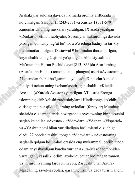 k o‘rtasidagi kurashning azaliy ekaniga asoslangan axloqiy xarakterdagi din bo‘lib, unda adolatli bo‘lish, oqillik, yaratuvchanlik va mehnatsevarlik bilan yagona xudoga sig‘inish targ‘ib qilingan. bu kurashda ezgulik tarafdori axura-mazda oxir-oqibat yovuzlik tarafdori bo‘lmish anxra-maynyu (yunoncha, axriman - yomonlik, buzg‘unchilik ibtidosi) ustidan g‘alaba qozonadi. shuning uchun ko‘pchilik dinshunoslar zardushtiylikni assimmetrik dualizmga mansubligini qayd qilishgan. ta’limotga ko‘ra, birinchi inson govmard (forscha - ho‘kiz-odam) bo‘lgan. birinchi shoh yima (jamshid) hukmronligi oltin davr hisoblangan. uning davrida kishilar bekamu-ko‘st, baxtiyor yashaganlar. 900 yil o‘tgach, shoh yima g‘ururga berilib, man etilgan sigir go‘shtini eydi va yovuzlik ramzi axriman hukmidagi kuchlar bosh ko‘taradi. oqibatda olamni muzlik qoplaydi. yima axura-mazda amri bilan odamlar va hayvonlarni sovuqdan saqlab qolish uchun qo‘rg‘on qurib, unga har bir jonzotdan bir juftini joylashtiradi. insoniyat tarixining ilk oltin davri tugagach, yaxshilik va yomonlik o‘rtasidagi kurash davri bo‘lgan ikkinchi davr boshlangan. uchinchi davrda axura-mazda g‘alaba qilib, ezgulik saltanati qaror topadi, o‘lganlar qayta tiriladi. zardushtiylik ta’limotiga ko‘ra, …