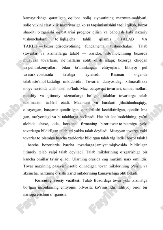 rdagi narx bo‘yicha uni olish imkoniyatini bildipradi. talab – tovar yoki xizmatga bo‘lgan to‘lov qobiliyatli ehtiyojdir. kurs ish tarkibi ―kirish, 4 reja , ―xulosa qismlaridan hamda foydalanilgan adabiyotlar ro‘yxatidan iborat. i.bob.global bozorning shakllanishi va ularning xususiyatlari 1.1. bozorning mohiyati va vazifalari. bozor tushunchasi bozor iqtisodiyotining markaziy kate- goriyasi bo'lib, iqtisodiyot nazariyasida ham, xo'jalik yuritish amaliyotida ham, barcha mamlakatlar tajribasida ham qo'llaniladigan ilmiy-amaliy tushunchadir. eng avvalo, «bozor» va «bozor iqtisodiyoti» tushun- chalarining bir-biridan farqlanishini ta'kidlab o'tishimiz lozim. chunki ko'pincha bu ikki tushunchani bir xil ma'noda tu- shunish, ba'zi adabiyotlarda sinonim so'zlar sifatida qo'llash yoki ularni chalkashtirish hollari uchraydi. bozor jamiyatda bozor iqtisodiyoti shakllangunga qadar mehnat taqsimotining ro'y berishi natijasida vujudga kelib, ijtimoiy takror ishlab chiqarishning ayirboshlash jarayonini o'z ichiga oladi. bozor iqtisodiyoti esa bozor va bozor munosabatlarining tarixan uzoq davr mobaynida rivojlanishining natijasi sifatida paydo bo'ladi va bozor qonunlari asosida tashkil etiluvchi va faoliyat ko'rsatuvchi iqtisodiy tizimni anglatadi. bozor iqtisodiyoti takror …