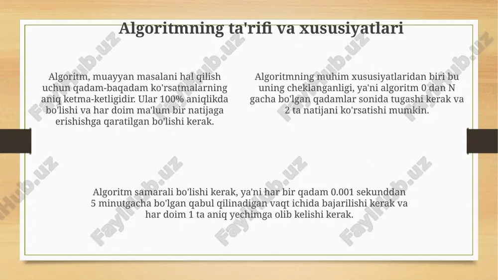 ngi qadam natijasiga asoslanadi, bu esa 10 x 9! ga teng. greedy algoritmlari greedy yondashuvning murakkabligi ko'pincha o(n log n) tartibida bo'ladi, bu esa saralash operatsiyalari bilan bog'liq, ammo ba'zi sodda holatlarda o(n) vaqtga tushishi mumkin. greedy algoritmlari har bir qadamda optimal ko'rinadigan tanlovni amalga oshiradi, ya'ni 1-bosqichda eng yaxshi yechimni topishga harakat qiladi, lekin global optimal yechim kafolatlanmaydi. bu algoritmlar odatda 0/1 fraksion xalta masalasi kabi optimallashtirish muammolarini yechishda qo'llaniladi, bunda har bir elementning qiymati va og'irligi nisbati asosida tanlov amalga oshiriladi. algoritmlarni baholash algoritmlarni baholashda vaqt murakkabligi muhim, u algoritmning ishlash vaqti kirish hajmi n ortishi bilan qanday o'zgarishini aniqlaydi (masalan, o(n^2)). xotira murakkabligi algoritmlarni baholashning yana bir jihati bo'lib, algoritmning ishlashi uchun zarur bo'lgan xotira miqdorini tahlil qiladi (masalan, o(log n) bo'lishi mumkin). baholashda eng yomon holat, o'rtacha holat va eng yaxshi holat tahlillari qo'llaniladi; bu kirish ma'lumotlarining 3 xil to'plami algoritmga ta'sirini o'rganadi. e'tiboringiz uchun rahmat …