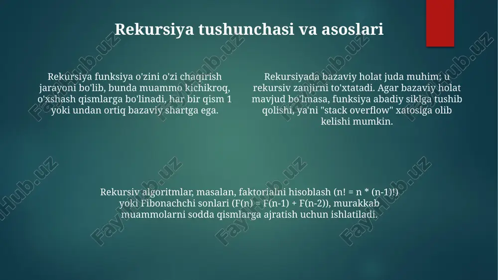 orqali ortiqcha hisoblashlarni kamaytiradi, 10 faktorialni hisoblash uchun vaqtni sezilarli darajada qisqartirishi mumkin. rekursiyani iterativ yechimga almashtirish ba'zan tezroq bo'ladi, masalan fibonacci sonlarini hisoblashda rekursiv funktsiyadan ko'ra sikl 2-3 marta samaraliroq ishlashi mumkin. dum rekursiyasini optimallashtirishda kompilyator rekursiv chaqiruvni oddiy sakrashga aylantiradi, bu esa funksiya stekida 100000 ta chaqiruv bilan bog'liq muammolarni hal qiladi. rekursiv algoritmlarning amaliy qo'llanilishi rekursiv algoritmlar saralashning merge sort usulida ma'lumotlarni n log n vaqt murakkabligi bilan bo'laklarga ajratib, keyin ularni birlashtirish uchun ishlatiladi. rekursiv algoritmlar daraxtsimon ma'lumotlar tuzilmalarini, masalan, fayl tizimlari yoki xml hujjatlarini 1000 dan ortiq element bilan qidirish va o'rganishda juda samarali hisoblanadi. fractal san'at va kompyuter grafikasi rekursiyadan murakkab shakllarni, masalan, 2d sierpinski uchburchagi yoki 3d mandelbrot to'plami kabi 5000 dan ortiq takrorlash bilan yaratish uchun foydalanadi. xulosa va kelajakdagi yo'nalishlar rekursiv algoritmlar kelajakda sun'iy intellekt sohasida keng qo'llanilishi mumkin, ayniqsa, tabiiy tilni qayta ishlashda (nlp) 5-darajali murakkab vazifalarni yechishda. 2024-yilda rekursiya …