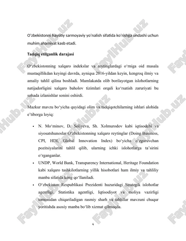 lanishiga oid ko‘rsatkichlari xalqaro baholov tizimlarida qanday aks etayotgani, ya’ni mamlakatning xalqaro indekslar va reytinglardagi holati. tadqiqot predmeti:o‘zbekiston respublikasining xalqaro indeks va reytinglardagi (inson taraqqiyoti indeksi – hdi, korrupsiyani qabul qilish indeksi – cpi, iqtisodiy erkinlik indeksi, global innovatsiya indeksi va boshqa) o‘rni, bu reytinglarga ta’sir etuvchi omillar, ularning mamlakat ichki islohotlari va tashqi imijiga ta’siri. kurs ishining hajmi: ushbu kurs ishi 2 bob va 4 paragrafdan,xulosa va foydalanilgan adabiyot qisimlaridan iborat i bob. oʻzbekistonning xalqaro maydonda taniqliligi va imidji 1.1. oʻzbekiston tashqi siyosatining asosiy yoʻnalishlari o‘zbekiston mustaqillikni qo‘lga kiritgach, tashqi siyosatida xalqaro hamkorlik, iqtisodiy aloqalarni kengaytirish, milliy manfaatlarni himoya qilish asosiy yo‘nalishlarga aylandi. ayniqsa, sobiq ittifoq davlatlari bilan diplomatik munosabatlarni yo‘lga qo‘yish dolzarb vazifalardan biri bo‘ldi.respublikaning zamonavi tashqi siyosiy kursi dunyo va mintaqada shiddat bilan o’zgaroygan vaziyat ,hamda mamlakatning ichidagi keng ko’lamli o’zgarishlarga asoslanib shakllanadi.o’zbekiston respublikasi tashqi siyosiy faoliyatining bosh maqsadi – davlat mustaqilligi va suverenitetini ,xalqaro maydondagi o’rni …