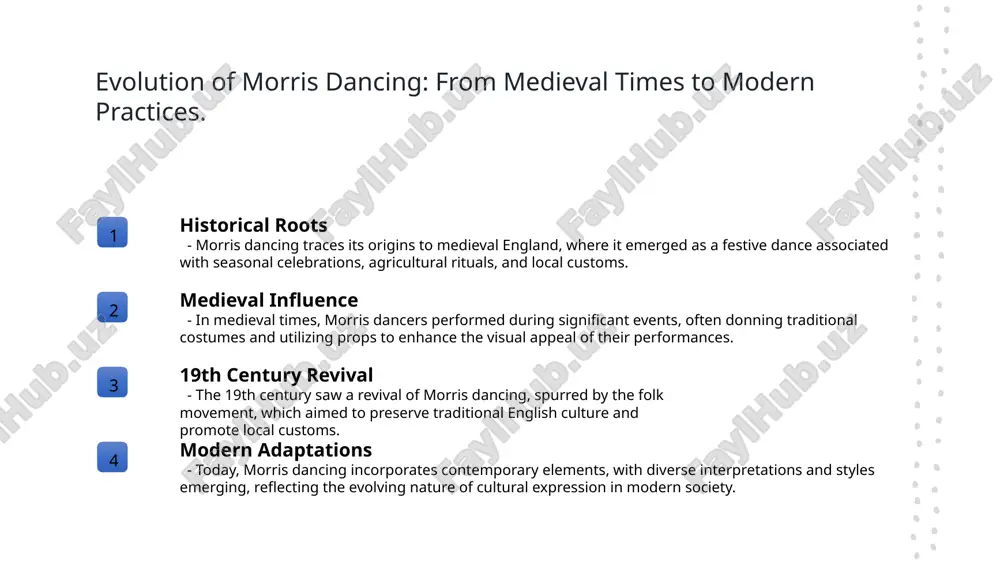 ce the ritualistic nature, embodying themes of celebration and camaraderie. 3 movement patterns the choreographed steps often mimic animal movements, reflecting the dancers' connection to the earth. this embodiment of nature fosters a sense of unity among participants. 4 seasonal rituals many morris dances align with seasonal festivals, symbolizing renewal and abundance. this practice highlights the importance of cycles in both nature and human life, reinforcing community bonds. community and identity: how morris dancing fosters social bonds. community engagement cultural identity social bonds morris dancing serves as a communal activity, bringing together participants of all ages. it fosters teamwork and collaboration, enhancing local connections and shared experiences. through unique regional styles, morris dancing reinforces local cultural identity. dancers celebrate their heritage, creating a sense of pride and belonging within their communities. the shared practice of morris dancing cultivates friendships and networks. participants form strong social ties, leading to lasting relationships …