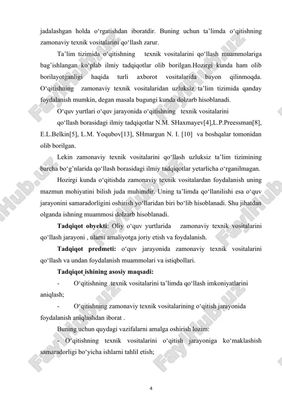 lejlari, hamda oliy o‘quv yurtlarida foydalanish mumkin. i. bob ta’lim jarayonida kompyuter va texnik vositalardan foydalanish. i.1 o‘qitishning multimedia vositalari multimediya proyektori kompyuterdan, videokameradan, dvd disklarni tasvirlovchi qurilmalardan olgan axborotni katta ekranda yoritib berishga hizmat qiladi. hozirgi proyektorlarda turli texnologiyalar ishlatiladi, jumladan suyuq kristalli (lcd) panellarida tasvir yaratish keng tarqalgan, yangi mikroynali (dlp) texnologiya kirib kelmoqda, ayniqsa yuqori unumli va maxsus proyeksion tizimlarda elektron-nurli trubka (skt) lar ishlatiladi. hozirda boshqa turlari ham yaratilmoqda. (d-ila, l cos) lcd-qurilmalar proyektorlarni asosiy ishlash prinsipini bir muncha kino yoki slayd proyektorlarini eslatadi, faqat plenka o‘rnida kristall panel ishlatiladi. bu holda raqamli elektron sxema yordamida tasvir yaratiladi, lampadagi yorug‘lik nuri obyektiv paneli orqali o‘tadi va ekranda tasvirni bir muncha kattalashtirib yoritib beradi. (dlp)-proyektorida yorug‘lik mikrosxemalar bilan boshqariladigan ko‘pgina mikroynalarda aks etadi hamda obyektiv orqali ekranda namoyon bo‘ladi. (dlp)-proyektoridagi mirosxemalarda rangli tasvirni hosil etishda qizil yashil va ko‘k ranglardan iborat, har biri uchun alohida bo‘lgan uchta …