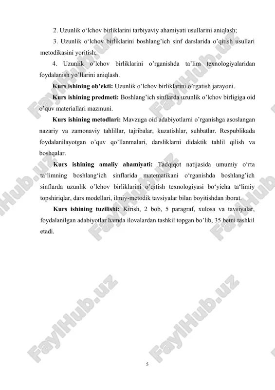 b, 35 betni tashkil etadi. i bob. asosiy miqdorlar va ularni o’lchov birliklarini o’rganishning ahamiyati 1.1. asosiy miqdorlarni o’rgatishda bilish jarayonining o’rni. matematikada o’rganiladigan asosiy tushunchalardan biri miqdor tushunchasidir. miqdor bu narsa yoki hodisaning biror xossasi bo’lib, uni boshqa narsa yoki hodisaning shu xossasi bilan taqqoslash va ulardan qaysi biri shu xossaga ko‘proq darajada ega ekanligini aniqlash mumkin [11]. boshlang’ich sinflarda uzunlik, jismning massasi va hajmi, vaqt, figuraning yuzi kabi miqdorlar o’rganiladi. boshlang’ich sinflarda bu miqdorlarni asosiy miqdorlar deyiladi. bundan tashqari boshlang’ich sinf o‘quvchilari ba’zi hosilaviy miqdorlar (tekis harakat tezligi va boshqalar) bilan ham tanishadilar. hosilaviy miqdorlarni o’rganishda ularni o’lchash masalasi o’rganilmaydi. boshlang‘ich ta’limning vazifasi shundaki, u o’quvchilarda miqdorlarni o‘rganishning intuitiv tushunarli usulini hosil qilishdir, buning natijasida bolalarda miqdorlar narsalar va hodisalarning o‘lchash bilan bog’liq bo’lgan xossalari ekanligi haqida tasavvurlar hosil bo’lishi kerak [13]. miqdor tushunchasi murakkab tushuncha bo’lib, boshlang’ich maktabning vazifasi shuki, u bolalarda miqdorlarni o’rganishning tushunish usulini tadbiq …