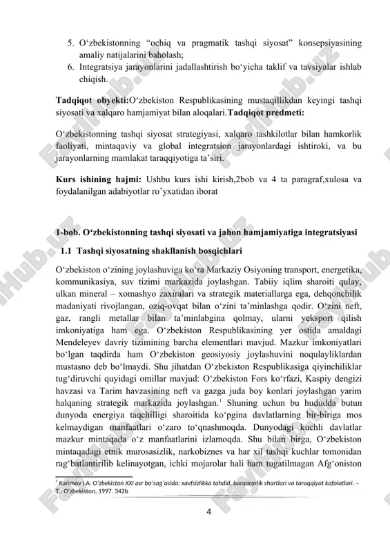 ga integratsiyasi 1.1 tashqi siyosatning shakllanish bosqichlari o‘zbekiston o‘zining joylashuviga ko‘ra markaziy osiyoning transport, energetika, kommunikasiya, suv tizimi markazida joylashgan. tabiiy iqlim sharoiti qulay, ulkan mineral – xomashyo zaxiralari va strategik materiallarga ega, dehqonchilik madaniyati rivojlangan, oziq-ovqat bilan o‘zini ta’minlashga qodir. o‘zini neft, gaz, rangli metallar bilan ta’minlabgina qolmay, ularni yeksport qilish imkoniyatiga ham ega. o‘zbekiston respublikasining yer ostida amaldagi mendeleyev davriy tizimining barcha elementlari mavjud. mazkur imkoniyatlari bo‘lgan taqdirda ham o‘zbekiston geosiyosiy joylashuvini noqulayliklardan mustasno deb bo‘lmaydi. shu jihatdan o‘zbekiston respublikasiga qiyinchiliklar tug‘diruvchi quyidagi omillar mavjud: o‘zbekiston fors ko‘rfazi, kaspiy dengizi havzasi va tarim havzasining neft va gazga juda boy konlari joylashgan yarim halqaning strategik markazida joylashgan.[footnoteref:1] shuning uchun bu hududda butun dunyoda energiya taqchilligi sharoitida ko‘pgina davlatlarning bir-biriga mos kelmaydigan manfaatlari o‘zaro to‘qnashmoqda. dunyodagi kuchli davlatlar mazkur mintaqada o‘z manfaatlarini izlamoqda. shu bilan birga, o‘zbekiston mintaqadagi etnik murosasizlik, narkobiznes va har xil tashqi kuchlar tomonidan rag‘batlantirilib kelinayotgan, ichki …