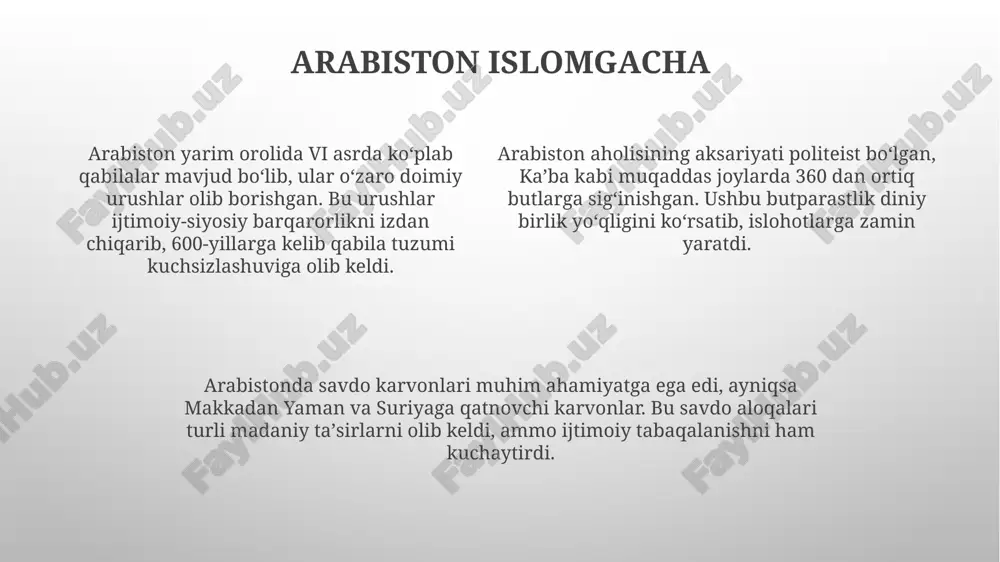 on, islomning asosiy manbai boʻlib, allohning soʻzlarini oʻz ichiga oladi va musulmonlarning e'tiqodi, ibodati, axloqi va qonun-qoidalarini belgilaydi. sunnat, muhammad paygʻambarning (s.a.v) soʻzlari, amallari va tasdiqlari boʻlib, qur'onning amaliy izohi sifatida xizmat qilib, musulmonlarga yoʻl-yoʻriq koʻrsatadi. xulosa islomning vii asrda arabiston yarim orolida paydo boʻlishi, undagi ijtimoiy-siyosiy tuzumni oʻzgartirib, yangi davrga yoʻl ochdi. islomning asosiy taʼlimotlari qurʼonda mujassam, unda allohning yagonaligi, oxirat kuni va yaxshi amallar qilishga urgʻu beriladi, bu esa 5 vaqt namozdan iborat. islom dini tez surʼatlar bilan tarqaldi, bu birinchi navbatda arab musulmonlarining harbiy yurishlari va savdo aloqalari orqali amalga oshirildi, natijada yangi imperiya vujudga keldi. e'tiboringiz uchun rahmat image1.png image2.png