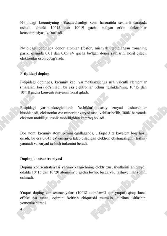 himcha elektronlar beradi, bu n-tipidagi yarimo'tkazgichning o'tkazuvchanligini sezilarli darajada oshiradi. aralashmalarning konsentratsiyasi (masalan, bor) yarimo'tkazgichning qarshiligini aniqlaydi; yuqori konsentratsiyalar elektr maydonining ta'sirida zaryad tashuvchilarning sonini oshiradi. qabul qiluvchi aralashmalar (masalan, alyuminiy) elektronlar uchun 'teshiklar' yaratadi, bu esa p-tipidagi yarimo'tkazgichda musbat zaryadlangan zaryad tashuvchilarning harakatini kuchaytiradi. dopingning qurilmalarga qo'llanilishi doping yarimo'tkazgichli diodlarda qo'llaniladi, unda n-tur dopingi musbat anodga, p-tur dopingi esa salbiy katodga imkon berib, 0.7v da o'tkazuvchanlikni boshlaydi. bipolyar tranzistorlarda doping n-p-n yoki p-n-p tuzilishini yaratadi; kichik bazaviy tok katta kollektor tokini boshqaradi, beta (β) koeffitsienti 50 dan 500 gacha bo'lishi mumkin. mosfet'larda doping, manba va oqim terminallarini hosil qiladi; darvoza kuchlanishi kanalning o'tkazuvchanligini boshqaradi, threshold voltage (vt) qiymati esa muhim parametr hisoblanadi. doping bo'yicha tadqiqotlar doping bo'yicha tadqiqotlar ko'pincha anti-doping qoidalarining buzilishini aniqlash uchun analitik usullarni, masalan, mass-spektrometriya va xromatografiyani qo'llashga qaratilgan 100 dan ortiq tadqiqotlar mavjud. gen dopingi bo'yicha tadqiqotlar 2023-yilda wada tomonidan nazorat qilinadigan sportchilarning genetik modifikatsiyasini …