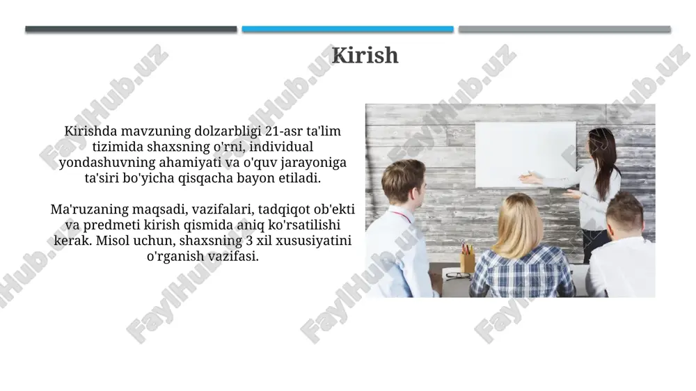shi, uning guruhlardagi 30% lik faolligiga ta'sir qiladi, shuning uchun turli vazifalar taklif etish lozim. xulosa ta'lim jarayonida shaxsning o'ziga xos xususiyatlarini hisobga olish 75% ga samaradorlikni oshiradi, individual yondashuv esa natijalarni yaxshilashga olib keladi. o'quvchi shaxsining motivatsiyasi va qiziqishlarini aniqlash uchun psixologik testlar o'tkazish muhim, bu esa 80% aniqlikda ta'lim strategiyasini tuzishga yordam beradi. savol-javob "savol-javob" usuli, ta'lim jarayonida, o'quvchilarning fikrlash qobiliyatini 25-30% ga oshiradi, chunki u bilimlarni faol ravishda eslashni talab etadi. bu usul, savollarga 85-90% to'g'ri javob berishga yordam beradi, chunki u mavzuni chuqurroq tushunishga va 1-2 hafta davomida esda saqlashga imkon beradi. e'tiboringiz uchun rahmat image2.jpg image3.jpg image4.jpg image5.jpg image6.jpg image7.jpg image8.jpg image9.jpg image10.jpg image11.jpg image12.jpg image13.jpg image14.jpg image15.jpg image16.jpg image17.jpg image18.jpg