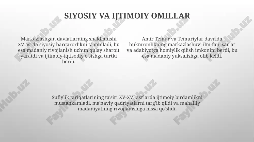o'zining murakkab gul naqshlari va 24 karatlik oltin kashtalari bilan ajralib turgan. xulosa: uyg'onishning ahamiyati uyg'onish davri madaniy merosi, jumladan, 14-16-asrlar adabiyoti va san'ati, milliy o'zlikni anglashning tiklanishida katta rol o'ynadi. ilmiy taraqqiyot, xususan, astronomiya va tibbiyot sohalaridagi yutuqlar, 10-12-asrlarda uyg'onishning ahamiyatini global miqyosda oshirdi, 0 dan katta qiymatga ega. uyg'onish falsafasi, ayniqsa, insonparvarlik g'oyalari, 57-62 yosh oralig'ida odamlarning ma'naviy kamolotiga xizmat qilib, jamiyatni yangi bosqichga ko'tardi. e'tiboringiz uchun rahmat image1.png image2.png