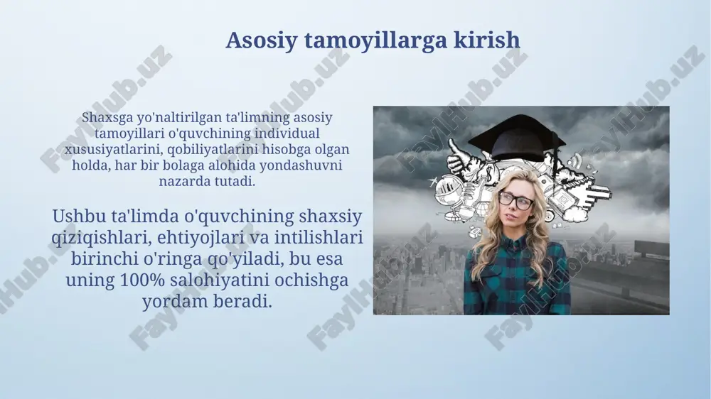 lashning o'zagida shaxsning o'z xatti-harakatlarini 360 gradusda baholash, kamchiliklarni aniqlash va 100% ustida ishlash muhim sanaladi. o'z-o'zini anglash orqali o'quvchi o'zining qobiliyatlarini 80% aniqlaydi, 20% kamchiliklarni ko'radi va o'ziga real baho beradi. xulosa xulosa 100% talabaning o'z-o'zini anglashini, rivojlanishini va shaxsiy o'sishini qo'llab-quvvatlash, ta'lim jarayonida muhim rol o'ynaydi. yakuniy bosqichda o'quvchilarning individual xususiyatlarini hisobga olgan holda 90% samaradorlikka erishish, ularning qiziqishlari va ehtiyojlarini qondirish lozim. e'tiboringiz uchun rahmat image4.png image6.jpg image7.jpg image8.jpg image9.jpg image10.jpg image11.jpg image12.jpg image13.jpg image14.jpg image15.jpg image16.jpg image17.jpg image18.jpg image19.jpg image20.jpg image21.jpg image22.jpg image3.jpeg