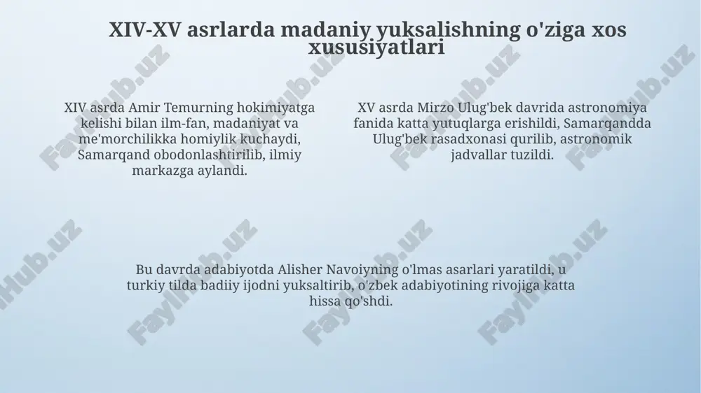 yatga ega. xulosa: uyg'onish davrining kelajakka ta'siri uyg'onish davri g'oyalari, ayniqsa 14-16-asrlarda fan, san'at va adabiyotga bo'lgan qiziqish, bugungi kunda ham innovatsion yondashuvlarga turtki bo'lmoqda. uyg'onish davri mutafakkirlarining 15-asrda ilgari surgan insonparvarlik g'oyalari, jamiyatimizda inson huquqlari va erkinliklarini himoya qilishning asosiy tamoyili bo'lib qolmoqda. ilm-fan va texnologiyaning rivojlanishida uyg'onish davrining 15-asrga oid empirik kuzatuv va tajribalarga asoslangan yondashuvi zamonaviy ilmiy tadqiqot metodologiyasining asosi hisoblanadi. e'tiboringiz uchun rahmat image4.png image3.jpeg