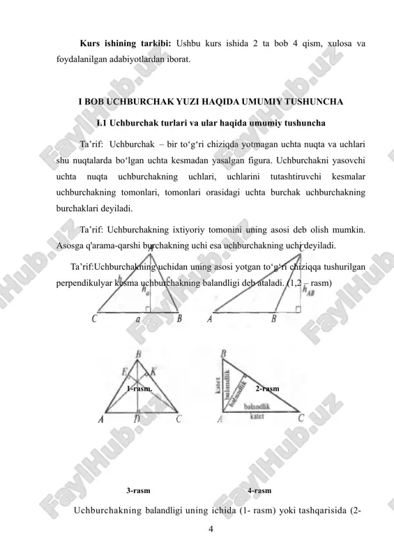 mumkinligi sababli uning uchta balandligi bo‘ladi (3- rasm). abc da bd, ak, ce - balandliklar. t o‘g‘ri burchakli uchburchakning ikkita balandligi uning katetlari bilan ustma-ust tushadi (4-rasm). ta ’ r i f . u chburchakning uchi bilan bu uchning qarshisida yotgan tomonning o‘rtasini tutashtiruvchi kesma uchburchakning medianasi deyiladi (5-rasm). abc da ad - mediana, u ma yoki m bc deb yoziladi. ta’r i f . uchburchakda burchak uchidan chiqib, bu burchakni teng ikkiga bomuvchi nur uning bissektrisasi deyiladi. abc da ak - bissektrisa, u la yoki lbc deb yoziladi, bunda v a k = bo‘ladi (6- rasm). 5-rasm 6-rasm 7-rasm uchburchaklaming tengligi avvalo, qanday uchburchaklarni bir-biriga teng deyish lozimligini aniqlab olaylik. agar ikkita a1b1c1 va a2b2c2 uchburchaklarni mos ravishda ustma-us tushirilganda, ular­ ning uchala uchlari ustma-ust tushsa, bunday uchburchaklar bir-biriga teng bo‘ladi. uchburchaklaming uchlari ustma-ust tushganda, uchlami tutashtiruvchi tomonlar ham, ular orasidagi burchaklar ham ustma-ust tushadi. ustma-ust tushgan tomonlar va …
