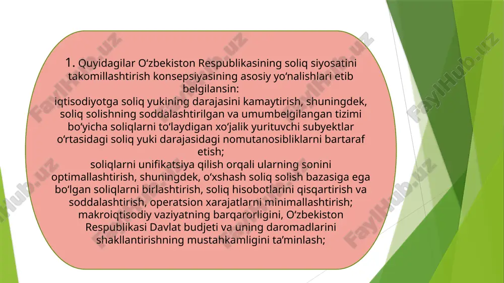 n foydadan soliq to'laydilar. o'zbekistonda bu stavka 15%ni tashkil qiladi. jinsiy va aksiz soliqlari: maxsus mahsulotlar (masalan, alkogol, tamaki) ustidan olinadigan soliqlar, ular narxiga ta'sir qiladi va iste'molni cheklash uchun ham ishlatiladi. /docprops/thumbnail.jpeg