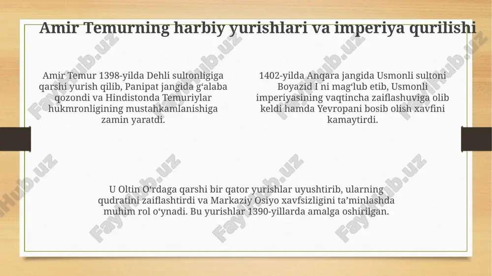 aniy obidalarni himoya qilish bo'yicha ko'rilgan choralar siyosiy barqarorlikni ta'minladi. amir temur merosi va uning jahon tarixidagi o'rni temuriylar renessansi 15-asrda ilm-fan, san'at va me'morchilikning gullab-yashnashiga olib keldi, bu esa jahon madaniyatiga beqiyos hissa qo'shdi va samarqandni madaniy markazga aylantirdi. amir temur davlatchilik siyosati 14-asrda o'rta osiyo iqtisodiyotini tiklashga qaratilgan bo'lib, savdo yo'llari va hunarmandchilikni rivojlantirishga katta e'tibor qaratgan. temurning harbiy yurishlari 1370-1405 yillarda g'arbiy osiyo, hindiston va boshqa hududlarga ta'sir ko'rsatib, siyosiy landshaftni o'zgartirib, yangi davlatlar shakllanishiga sabab bo'lgan. xulosa amir temurning davlat arbobi sifatidagi siyosati movarounnahr iqtisodiyoti va madaniyatini 14-15-asrlarda yuksalishiga olib keldi, bu uning muvaffaqiyatli boshqaruvidan dalolatdir. temur tuzuklari, 1360-yilda yozilgan, davlat boshqaruvi, armiya tuzilishi va qonun ustuvorligi kabi masalalarni qamrab olgan, adolat tamoyillariga asoslangan siyosatni aks ettiradi. amir temur saltanati davrida savdo-sotiq rivojlandi; ipak yo'li orqali g'arb va sharq o'rtasida karvonlar qatnadi va bu mintaqa iqtisodiy jihatdan gullab-yashnashiga yordam berdi. e'tiboringiz uchun rahmat image3.png image4.png