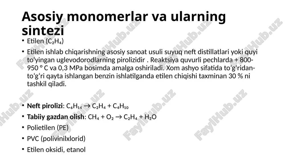 na yilda baholangan, 2017 yilga kelib esa bu miqdor 6 million tonnaga yetgan. qo'llanilishi akrilonitril asosan monomer sifatida ishlatiladi, ayniqsa, poliakrilonitril ishlab chiqarishda, bu esa sintetik to'ralar, plastiklar va ko'mir to'ralar ishlab chiqarishda qo'llaniladi. shu bilan birga, u san (styren-akrilonitril), abs (akrilonitril butadien styren) va nbr (nitril rezinka) kabi sopolimerlar ishlab chiqarishda muhim rol o'ynaydi. bundan tashqari, u akrilamid, akril kislot va adiponitril ishlab chiqarishda ham ishlatiladi, bu esa nilon sintetikasi uchun zarur. abs, masalan, 15–35% akrilonitril, 5–30% butadien va 40–60% styren proportsiyalarida tayyorlanadi, bu esa uning mexanik xususiyatlarini, masalan, zarba bardoshligini va qattiqligini oshiradi. neft va tabiiy gaz asosida monomerlarni sintez qilish zamonaviy kimyo sanoatining asosiy yo‘nalishlaridan biri hisoblanadi. ushbu monomerlar polimerlar, plastmassalar, sintetik tolalar va kauchuklar ishlab chiqarish uchun muhim xomashyo bo‘lib, turli sanoat tarmoqlarida keng qo‘llaniladi. neft va tabiiy gaz asosida monomerlar sintezi kimyo sanoatining eng rivojlangan sohalaridan biridir. bu jarayonlar orqali olinadigan monomerlar asosan polimerizatsiya va …