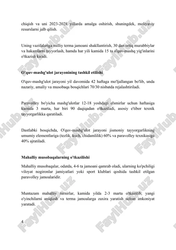 olley bo'yicha sport klublari tashkil etilgan bo'lib, ular mahalliy musobaqalar va milliy terma jamoaga nomzodlar tayyorlash uchun asos bo'lib xizmat qiladi. murabbiylar va hakamlarning tayyorlanishi o'zbekistonda para-voley murabbiylari uchun maxsus o'quv kurslari tashkil etilgan, bunda 72 soatlik nazariy va amaliy mashg'ulotlar o'tkaziladi, sertifikat beriladi. hakamlar tayyorlash dasturiga 3 bosqichli imtihonlar kiritilgan: yozma test, amaliy sinov, suhbat; muvaffaqiyatli o'tganlar milliy toifadagi hakamlik guvohnomasini oladi. para-voley bo'yicha murabbiylar va hakamlar malakasini oshirish uchun har 2 yilda bir marta respublika miqyosida seminarlar o'tkaziladi, xalqaro mutaxassislar jalb qilinadi. ommaviy axborot vositalarida yoritilishi va ommalashtirish 2020-yilda oʻzbekiston milliy teleradiokompaniyasi orqali paravolley boʻyicha birinchi koʻrsatuv tashkil etildi, bu esa 500 mingdan ortiq tomoshabinni qamrab oldi, bu sport turini yoritishda muhim qadam boʻldi. ommaviy axborot vositalarida paravolley boʻyicha maqolalar soni 2018-yildan 2023-yilga qadar 3 barobarga oshdi, bu esa sportga qiziqish ortib borayotganini koʻrsatadi. ijtimoiy tarmoqlarda paravolley sahifalari 2019-yildan beri 10 mingdan ortiq obunachiga ega boʻldi, bu esa …
