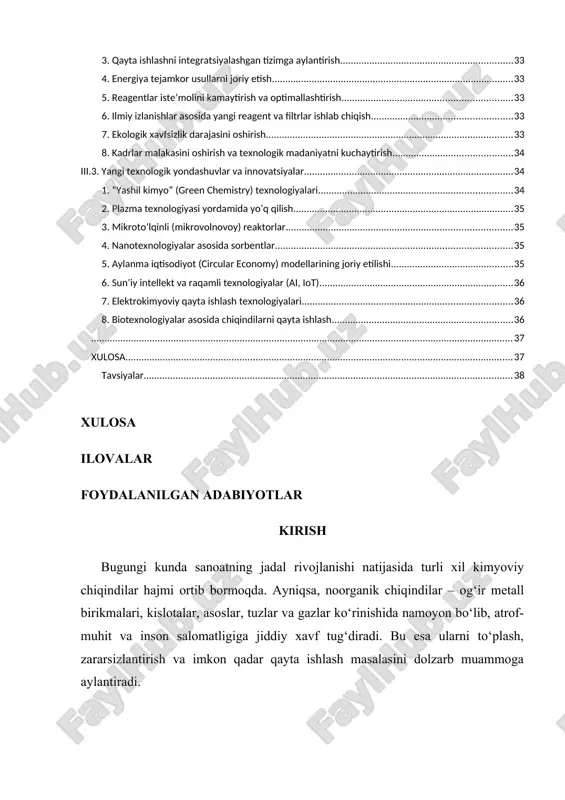 ning poydevoridir. u nafaqat yangi materiallar olishda, balki chiqindilarni qayta ishlash, ekologik xavfsizlikni ta’minlash va resurslarni tejashda ham muhim o‘rin egallaydi. shunday ekan, ushbu fanni chuqur o‘rganish va amaliyotga tatbiq etish sanoat texnologiyalarining barqaror va samarali rivojlanishida hal qiluvchi omildir. i.2. kimyoviy chiqindilarning turlari va ularning tarkibi sanoat, laboratoriya, qishloq xo‘jaligi va maishiy faoliyat natijasida hosil bo‘ladigan kimyoviy chiqindilar inson salomatligiga, biosferaga va umumiy ekologik muvozanatga salbiy ta’sir ko‘rsatadi. shu sababli ularni o‘rganish, to‘g‘ri tasniflash va tarkibini aniqlash atrof-muhitni himoya qilish hamda qayta ishlash texnologiyalarini ishlab chiqish uchun zarurdir. 1. kimyoviy chiqindilarning umumiy tasnifi kimyoviy chiqindilarni manbaiga, fizik holatiga, kimyoviy tarkibiga va xavflilik darajasiga ko‘ra bir necha guruhga ajratish mumkin: a) manbaga ko‘ra: · sanoat chiqindilari – metallurgiya, kimyo, oziq-ovqat, farmatsevtika va boshqa korxonalar faoliyatida hosil bo‘ladi. · maishiy kimyoviy chiqindilar – tozalovchi vositalar, bo‘yoqlar, maishiy texnika tarkibidan chiqadigan moddalar. · qishloq xo‘jaligi chiqindilari – o‘g‘itlar, pestitsidlar va hayvonlardan hosil …
