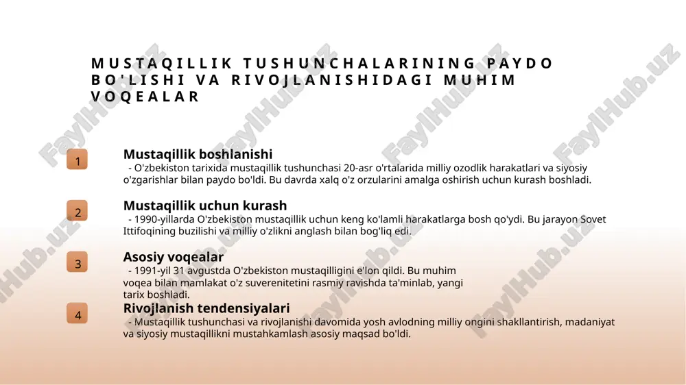 ning mustahkamlanishi milliy birdamlikni shakllantirdi, bu esa mustaqillik uchun kurashda birlashishni ta'minladi. 4 o'zlikni anglash - bu jarayon xalqning o'z milliy qadriyatlarini anglashiga yordam berdi, milliy identitet va ozodlik uchun kurashdagi muhim bosqichni tashkil etdi. madaniy va siyosiy faktorlarning mustaqillik g'oyalariga ta'siri va o'zaro aloqalar 01 madaniy faktorlar o'zbekistonning madaniy qadriyatlari va an'analari mustaqillik g'oyalarining shakllanishida asosiy rol o'ynagan. milliy urf-odatlar ozodlik uchun kurashda ildiz bo'ldi. 02 siyosiy ta'sirlar tarixiy siyosiy voqealar, davlat boshqaruvi va milliy harakatlar mustaqillik g'oyalarining rivojlanishiga ta'sir ko'rsatdi. siyosiy o'zgarishlar mustaqillik uchun imkon yaratdi. 03 madaniyat va siyosat o'zaro madaniy qadriyatlar va siyosiy tashabbuslar o'zaro bog'liq bo'lib, ular ozodlik va milliy identitetni mustahkamlashda muhim ahamiyatga ega. 04 interfaol aloqalar madaniy va siyosiy faktorlar o'rtasidagi o'zaro ta'sir milliy ong va davlat suverenitetini mustahkamlashga xizmat qiladi. bu aloqalar ozodlik ideallarining rivojida muhim rol o'ynaydi. o'zbekistonda milliy identitet shakllanishining tarixiy asoslari 1 milliy o'zlikning ildizi o'zbekistonning milliy identiteti tarixiy …