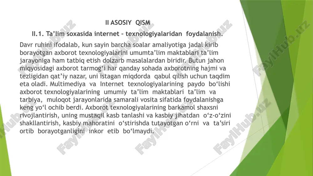 zirgi rivojlanish sur'ati shundayki, bilim juda tez eskiradiva yangi bilimlarga bo'lgan ehtiyoj juda katta. agar ilgari o'quv dasturlari o'nlab yillar davomida o'zgarmagan bo'lsa, endi ular deyarli har yili qayta ko'rib chiqiladi. masofaviy o‘qitish yoki bolalaruchun o‘quv teledasturlarini yaratish bo‘ladimi, bitta imkoniyatni qo‘ldan boy bermasdan, o‘quv jarayonlarini imkon qadar faollashtirish zarur. axborot-ta’lim muhiti ta’riflari to'plamining tahlilidan shu xulosaga kelish mumkinki, bu axborot, texnik, o'quv-uslubiy podsistemalar jamlanmasi bo'lib, o'quv jarayoni va uning atnashchilarini ta’minlashga maqsadli qaratilgandir. uzatiladi. axborot ta’lim muhiti - pedagogik tizim va uning ta’limotidan iboratdir, ya’ni, moddiytexnik, moliyaviy-iqtisodiy, me’yoriy-xuquqiy, boshqaruv va marketing tizim ostilaridir. nazariy jihatdan butun axborot o'quv markazi (ao’m) ning negizi aynan pedagogik tizimdan iboratdir. ao'm deb ataluvchi yangi tuzilmadagi pedagogik jarayonlami tadqiq etuvchi pedagogika fanining yangi yo'nalishi haqida gapirish mumkin. shunday yangi yo'nalishni biz, shartli ravishda “elektron pedagogika” deb ataymiz. o'qitish metodikasiga muvofiq har bir o'quv guruhi uchun o'quvchilarning jamoa vositasi kabi elektron auditoriyasi yoki forumlari yaratilishi …