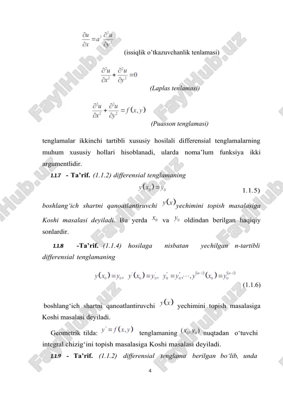in, ni o‘z ichiga oladigan intervalni va shu intervalda aniqlangan uzluksiz differensiallanuvchi hamda ushbu (1.2.4) shartlarni qanoatlantiruvchi funksiyani topish talab etiladi. bu masala qisqacha kabi yoziladi va (1.2.2) tenglama uchun koshi masalasi (yoki boshlang‘ich masala) deyiladi. yuqoridagi va shartlarni qanoatlantiradigan funksiya intervalda koshi masalasining yechimi deyiladi, hamda masalaning yechimi , boshlang‘ich qiymatlarga ega yoki boshlang‘ich shartni qanoatlantiradi, deb yuritiladi. misol. , differensial tenglamaning shartni qanoatlantiradigan yechimi topilsin. berilgan tenglamaning umumiy yechimi bo‘lib, undan shartga ko‘ra bo‘ladi. demak, funksiya izlangan yechimdir. 1.1-teorema (koshi teoremasi). agar funksiya sohada aniqlangan va uzluksiz bo‘lib, uning bo‘yicha xususiy hosilasi biror sohada aniqlangan va uzluksiz bo‘lsa, u holda : 10. (1.2.2) tenglamaning ni o‘z ichiga oladigan biror intervalda aniqlangan va har bir berilgan nuqta uchun boshlang‘ich shartni qanoatlantiruvchi yechimi mavjud. 20. agar (1.2.2) tenglamaning ikkita va yechimlari da ustma-ust tushsa, ya’ni bo‘lsa, u holda bu yechimlar aniqlanish sohalarining umumiy qismida ustma-ust tushadi. 1.2-ta’rif. agar funksiya sohada …