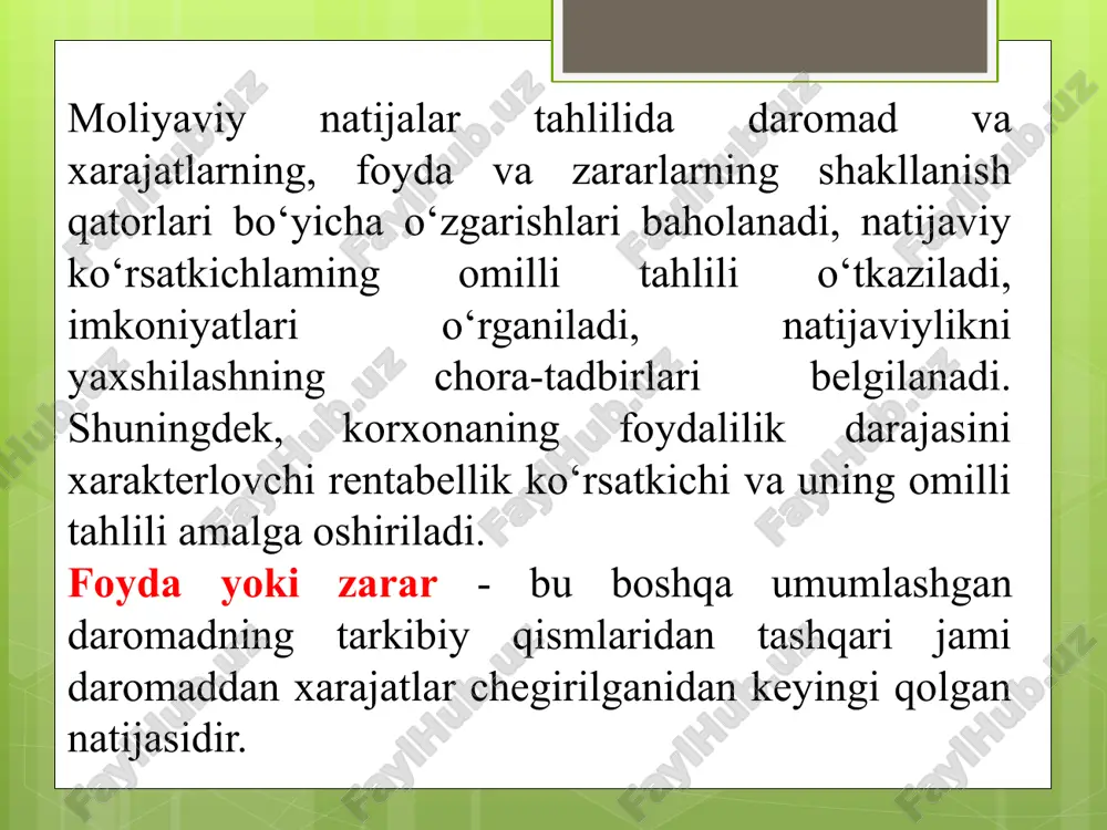 ng o’ziga bog’liq bo’lmagan omillar (tashqi) -soliq siyosatining o’zgarishi -baho omili va boshqalar korxonalarning boshqa operatsion xarajatlari -kadrlar tayyorlash xarajatlari -loyiha va qurilish ishlaridagi chalalikni bartaraf etish -konsalting va auditor xizmatiga xarajat -tadbirlar xarajatlari -obodonchilikka -kompensatsiya va rag’bat -ishlamayotgan obyektlarni saqlash xarajatlari -bank xizmati -xayriya -byudjetga majburiy to’lovlar -soliqlar va yig’imlar -zararlar -jarimalar -peniyalar asosiy faoliyatdan olingan boshqa daromadlar -undirilgan yoki qarzdor tomonidan e’tirof etilgan qarz va jarimalar -hisobot yilida aniqlangan o’tgan yilga tegishli foyda -yordamchi xizmat ko’rsatuvchi tarmoqlardan olingan foyda -asosiy vositalar,nomoddiy aktivlar va boshqa mol mulklarni sotishdan olingan daromadlar -qarzdorliklarni hisobdan chiqarishdan olingan daromad -tovar moddiy boyliklarni qayta baholashdan korilgan natija -davlat subsidiyalaridan daromadlar -xolisona moliyaviy yordam korxona faoliyati va mahsulotlari raqobatdoshligini ta‘minlashning eng muhim tayanchi bu uning rentabellik darajasidir. rentabellik - nemis tilidangi “rentabel” daromadlik, foydalilik degan ma'noni anglatadi. uning iqtisodiy mazmunini moddiy, mehnat va moliyaviy resurslardan, shuningdek, tabiiy resurslardan foydalanish samaradorligi ifoda etadi. rentabellikning bir nechta …