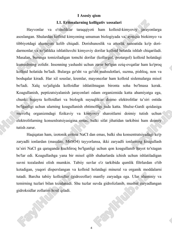 latiladigan suvni tozalashni olish mumkin. tabiiy suvlar o'z tarkibida qumlik filtrlardan o'tib ketadigan, yuqori disperslangan va kolloid holatdagi mineral va organik moddalarni tutadi. barcha tabiiy kolloidlar (gidrozollar) manfiy zaryadga ega. ular aluminiy va temirning tuzlari bilan tozalanadi. shu tuzlar suvda gidrolizlanib, musbat zaryadlangan gidroksidlar zollarini hosil qiladi. o'z navbatida bu zollar suvning kolloidlari bilan o'zaro koagullanib, yaxshi filtrlanadigan cho'kma hosil qiladi. daryo va dengiz suvlarini ifloslanishdan saqlash uchun sanoat chiqindi suvlarini koagullash yo'li bilan tozalash juda muhim ahamiyatga ega. uzoq muddat saqlash kerak bo'lgan zollarni olishda kolloid himoya keng qo'llaniladi. ko'p doridarmonlar shunday zollar qatoriga kiradi. burunga tomiziladigan kollargol va protargollarni tayyorlashda jelatinadan himoyalovchi modda sifatida foydalaniladi. kolloid himoya hodisasi juda katta fiziologik ahamiyatga ega. ko‘p gidrofob kolloidlar va qon zarrachalari biologik suyuqliklarda koagullanishdan oqsillar bilan himoyalangan. masalan, qon oqsillari yog' tomchilarini, xolesterin va boshqa gidrofob moddalarni himoya qiladi. himoyalash darajasining pasayishi xolesterin va kalsiyning tomir devoriarida yig'ilishiga olib keladi. …