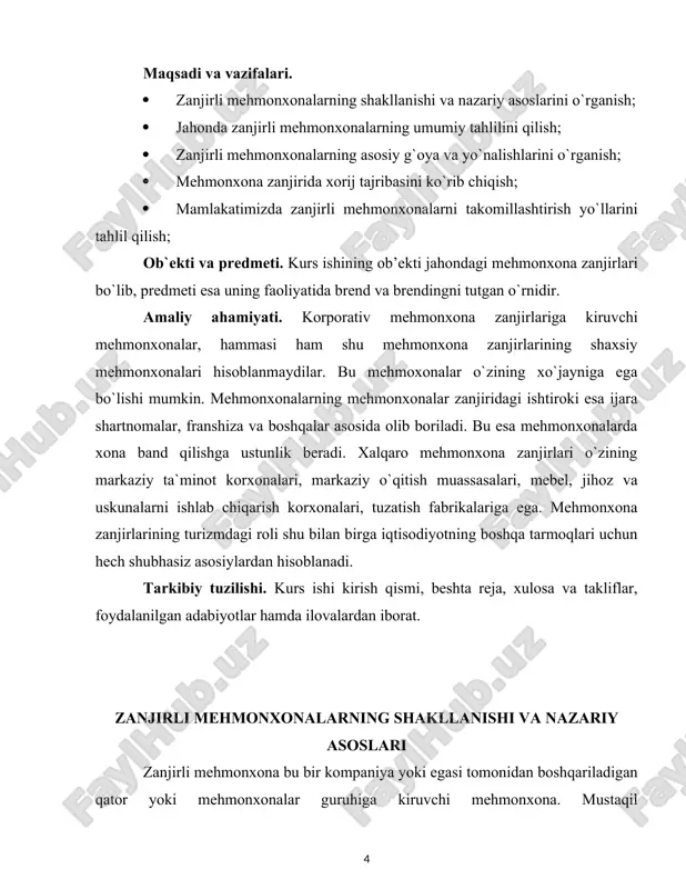 rketing va reklama kampaniyalari, mehmonlarga sodiqlik dasturlari, brend standartlari (masalan, sifat kafolati), konsalting yordami va kreditorning qulayligini taʼminlaydi. biroq, eng katta kamchilik - bu mustaqillikning yo`qligi. mehmonxonalar sifatida siz ma’lum qoidalar va standartlarga amal qilishingiz kerak va bozor talablariga o`zingiz xohlagan darajada tez va moslashuvchan javob bera olmaysiz. qaror qabul qilish jarayoni uzoqroq. yana bir salbiy tomoni shundaki, zanjirga tegishli bo`lish qarori bilan siz o`ziga xoslikka qarshi qaror qilasiz. mehmonxonalar tarmog`i bugungi kunda jahon sayyohlik biznesining asosini tashkil etadi. hozirda dunyoda bir necha yuzlab mehmonxona tarmoqlari mavjud. ular orasida gigant korporatsiyalarni ajratib ko`rsatish mumkin, qaysi mehmonxonalarni dunyoning deyarli istalgan nuqtasida uchratish mumkin. ularning nomlari hatto oddiy sayyohga ham yaxshi tanish: radisson, best western, hyatt, marriott va hilton. (1-jadval). № nomi mehmonxonalar soni xonalar soni 1. marriot international 7.500 1.400.289 2. jin jang 10.000 1.100.00 3. hilton hotels 600 1.010.257 4. intercontinental hotel group (ihg) 6.000 886.036 5. wyndham hotel group …