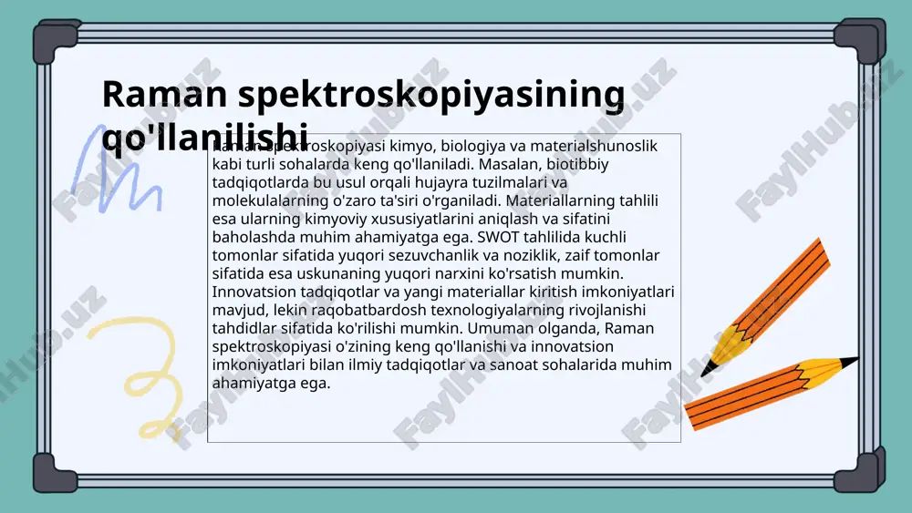 ektroskopiyasi kelajakda ko'plab o'zgarishlarga duch kelishi kutilmoqda. o'zgarishlar asosan texnologik rivojlanish, yangi metodologiyalar va ilmiy tadqiqotlarning yangi yo'nalishlari bilan bog'liq bo'ladi. innovatsion texnologiyalar, masalan, kvant nuqta sensorlari va sun'iy intellekt algoritmlari raman spektroskopiyasining aniqligini va samaradorligini oshirishga yordam beradi. bu texnologiyalar yordamida natijalar tez va aniq olinadi. raqamli transformatsiya va yangi dasturiy ta'minotlar raman spektroskopiyasini boshqarish va ma'lumotlarni tahlil qilish jarayonlarini soddalashtiradi. bu, o'z navbatida, ilmiy tadqiqotlar va sanoat amaliyotlarida qo'llanilish imkoniyatlarini kengaytiradi. innovatsion yo'nalishlar va tadqiqotlar raman spektroskopiyasida yangi tadqiqot yo'nalishlari ilmiy olamda katta qiziqish uyg'otmoqda. bu yo'nalishlar ichida nano materiallar, biotibbiyot va materialshunoslik kabi sohalar alohida e'tiborga sazovor. yangi texnologiyalar, masalan, yuqori rezolyutsiyali spektroskopiya va multi-modal tahlil usullari, tadqiqotlarni yanada kengaytiradi. shuningdek, avtomatlashtirilgan tahlil tizimlari va sun'iy intellekt yordamida ma'lumotlarni qayta ishlash yangi usullarni yaratmoqda. raman spektroskopiyasida foydalaniladigan yangi materiallar, jumladan, grafen, kvant nuqtalari va nanokristallar, tadqiqotlar uchun yangi imkoniyatlar yaratmoqda. ushbu materiallar yordamida ma'lumotlarni yanada aniq o'lchab, …