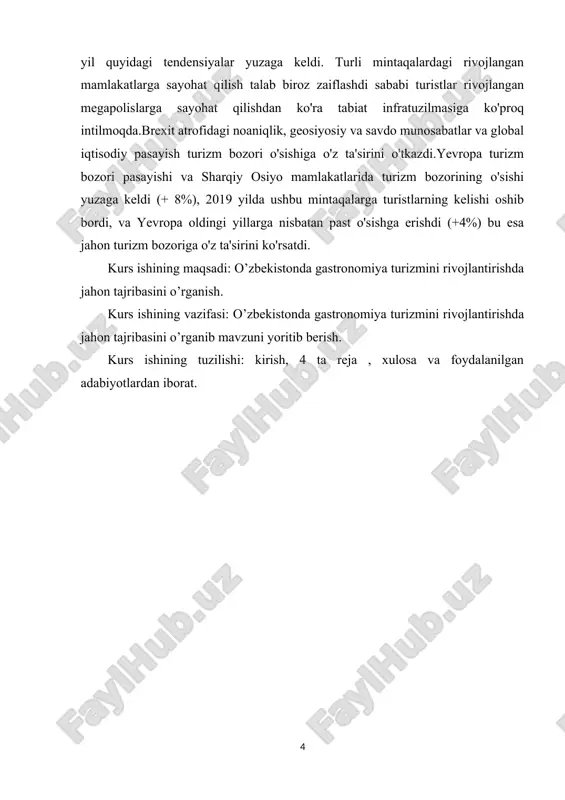 ib, bunda bir necha tansiq taomlarni tatib ko’rish yoxud ko’plab taomlarni iste’mol qilish emas, balki asrlar davomida saqlanib kelgan mahalliy retseptlarni va urf-odatlarni o’zida jamlagan milliy taomlardan bahra olish va ularni tayyorlanish madaniyati bilan tanishishdan iborat bo’ladi.gastronomiya turizmi turiga qiziqish yildan-yilga oshib bormoqda. bu qiziqish ko’proq buyuk britaniya, italiya va peruda keng ommalashib, yildan –yilga gastroturistik marshrutlar ishlab chiqqan mamlakatlar soni tabora ortib bormoqda. bunday qiziqishning oshishi turizmning boshqa turlarini ham rivojlantirishga zamin yaratmoqda. insonlar dam olishining bu turini yarim fabrikat mahsulotlarni iste’mol qilish ko’ngliga urganidan so’ng, ko’ngli istagan taomni asl holida tatib ko’rishga intilish, deb ham tushunish mumkin. gollandiya, shvetsariya va italiyaga pishloqli turlarda sayohatchilar pishloqlarni eng sara navini tatib ko’rishi va pishloqli yarmarkalarga tashrif buyurishi mumkin. germaniya, avstriya, chexiya, belgiya bo’ylab pivo turlarida bu ichimlik ishqibozlariga pivoning turli-xilligidan tashqari, pivo tayyorlanish xonalari, mashhur pivo barlari va festivallarga tashrifi bilan ham ajralib turadi. shuni ta’kidlash joizki, har bir davlatni …