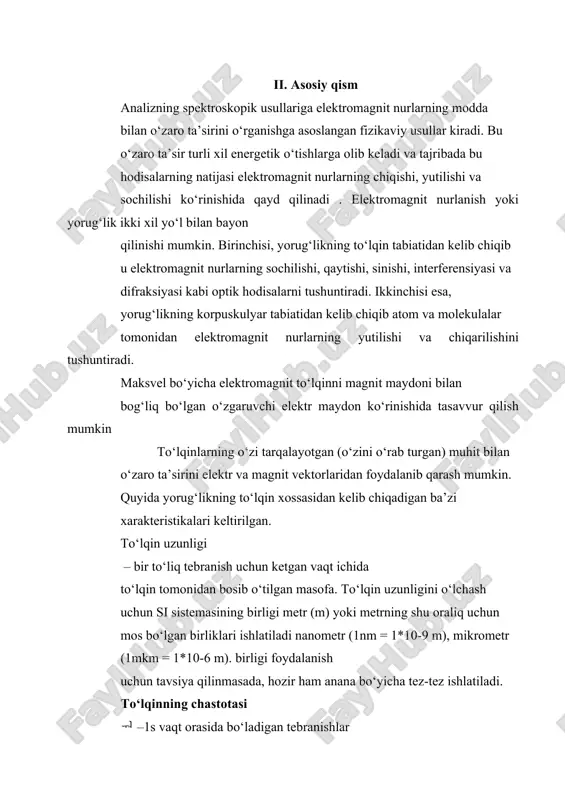 vantlar sonini ifodalashda optik zichlik a ko‘proq va u bilan bog‘liq bo‘lgan o‘tkazish t kamroq ishlatiladi. nur chiqarish jarayonlarida (emissiya va lyuminessensiyada) esa hajmiy burchak birligiga to‘g‘ri keluvchi nurlanish quvvati – ravshanlik, yorqinlik ishlatiladi. odatda unga, yorug‘lik intensivligi deyiladi va u i harfi bilan belgilanib shartli, nisbiy birliklarda ifodalanadi. elektromagnit spektrni grafik shaklda, absissa o‘qiga kvantlar energiyasini xarakterlovchi kattaliklardan birini (  ,  yoki  ), ordinata o‘qiga esa nurlanish intensivligi (i) yoki optik zichlik (a) ni qo‘yib ular orasidagi bog‘lanishni ifodalovchi egrilik ko‘rinishida tasvirlash mumkin. nur chiqarish va yutilish jarayonlari kvant xarakterga, tabiatga ega. shuning uchun, (30.3) tenglamaga ko‘ra spektrlarni to‘lqin sonining funksiyasi sifatida tasvirlash kerak edi. lekin, molekulyar absorbsiya va lyuminessent spektroskopiya usullari bilan yorug‘likning ultrabinafsha (ub) va ko‘rinuvchi sohalarida spektr olinganda ko‘pchilik hollarda to‘lqin uzunligi ishlatiladi. buning sababi, ko‘pchilik monoxromatorlar to‘lqin uzunligi bo‘yicha darajalangan, bundan tashqari, difraksion panjarali spektr asboblarining chiziqli dispersiyasi to‘lqin uzunligiga bog‘liq emasliligidadir. …