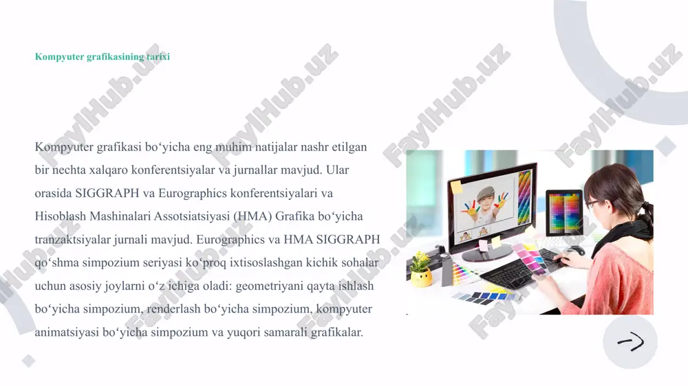 amida qurilish loyihalarining realistik ko‘rinishini yaratish mumkin. binolarni loyihalash. ichki makonni bezash. virtual turlarni taqdim etish. 3. ilmiy tadqiqotlar va simulyatsiyalar ilm-fan sohasida kompyuter grafikasidan foydalanish imkoniyati cheksizdir. muhandislik, biologiya, astronomiya kabi ko‘plab sohalarda grafik vizualizatsiya ma’lumotlarni tahlil qilishni osonlashtiradi. tibbiyotda: mrt va rentgen natijalarini 3d ko‘rinishda tasvirlash. muhandislikda: inshootlar va texnika vositalarini simulyatsiya qilish. fizikada: molekulalar va atomlarning vizual ko‘rinishini yaratish. 4. marketing va reklama marketing sohasida vizual materiallar iste’molchilarning e’tiborini tortishda muhim rol o‘ynaydi. grafik dizayn reklama bannerlarini yaratishda ishlatiladi. motion graphics yordamida harakatli videolar tayyorlanadi. 3d grafikalar mahsulot prototiplarini namoyish qilishda qo‘llaniladi. xulosa xulosa qilib aytganda, kompyuter grafikasi bugungi axborot texnologiyalari davrida juda muhim o‘rin egallaydi. u vizual axborotni yaratish, tahrirlash va taqdim etish imkonini beradi. kompyuter grafikasi yordamida kino va o‘yin industriyasidan tortib, tibbiyot, arxitektura, ta’lim va ilmiy tadqiqotlargacha bo‘lgan ko‘plab sohalarda murakkab grafik modellar va animatsiyalar yaratiladi. ushbu sohaning rivojlanishi inson tasavvurining cheksiz imkoniyatlarini raqamli …