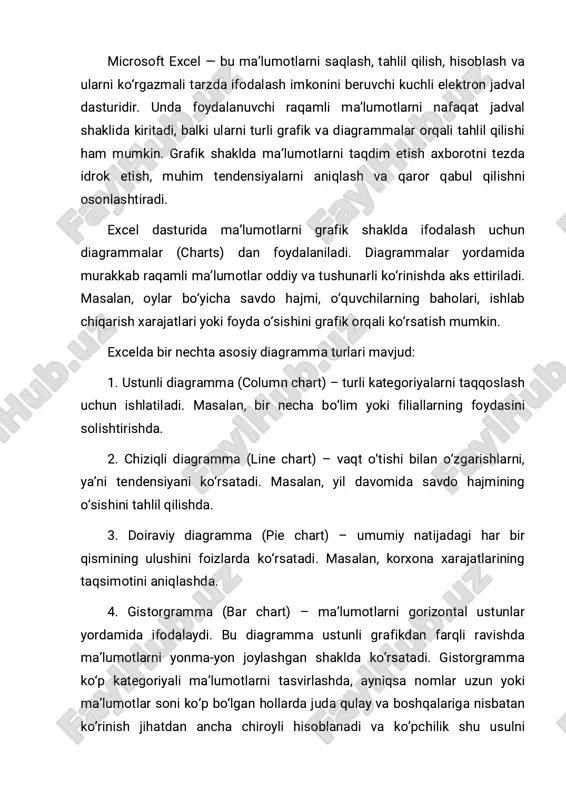 sohalarida keng qo‘llanilmoqda.chunki diagrammalar orqali shu sohalardagi malumotlarni ko’rsatib berish osonligi uchun ko’pchilik shu usuldan foydalanib o’z ishlarini yengillashtirib kelishmoqda. bu esa meni ham qiziqtirib qo’yadigan malumotlar ichidan joy oldi. mavzu bo’yicha vazifalar 1. wordart da jadval sarlavhasini yozing "kompaniyaning iste'mol tovarlarini sotishdan soliqqa tortilishi ". jadvalni hisoblang va diagramma tuzing. 2. wordart da jadval sarlavhasini yozing "kompaniyaning iste'mol tovarlarini sotishdan soliqqa tortilishi ". jadvalni hisoblang va diagramma tuzing. y o' q. mahsulot nomi miqdori narxi umu miy hisob 12% soliq jami 1. g'isht 979 00 0 29 000 2. bloklash 661,700 12 800 3. plita 30 160 000 4. eshik 25 795 000 5. windows 32 645 000 jami: 3. formulani yozing va tenglamani hisoblang, diagramma tuzing 33 2 2 5log3 xxxxy  ; (x ϵ 1÷15); masalani yechish 1. jadvalni hisoblash va diagramma tuzish. xulosa xulosa qilib aytganda, microsoft excel dasturi zamonaviy axborot texnologiyalarining ajralmas qismi bo‘lib, ma’lumotlarni …