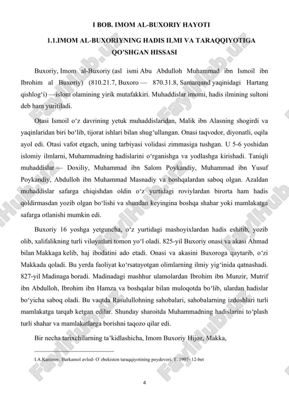 dislar toʻplash borasidagi qoʻygan shartlari boshqa muhaddislarning shartlaridan koʻra aniqroq boʻlgani sababli „al-jomeʼ as-sahih“ asari „eng ishonchli hadislar toʻplagan“ nomiga sazovor boʻlgan. muhaddislar hadislarning roviylarini oʻzaro uchrashganlari ehtimoli mavjud boʻlsa shunga kifoyalanishgan, ammo imom buxoriy eshitgan hadislarining roviylari oʻzaro uchrashganini alohida koʻrgan guvohning eʼtirofini ham shart qilib qoʻygan. bunday shart boshqa muhaddislarda uchramaydi. hofiz ibn xajar al-asqaloniyning hisobiga koʻra „al-jomeʼ as-sahih“dagi hadislarning soni 7397 tani tashkil etadi. bular orasida takrorsizlari 2602 tani tashkil qiladi. izohlar, roviylarning ixtilofi va ilovalarni qoʻshilsa, kitobda keltirilgan hadislar soni 9082 taga yetadi.aynan imom buxoriy tufayli movarounnahr hududida ix—xii asrlarda koʻplab hadisshunoslik maktablari shakllandi va muvaffaqiyatli faoliyat yuritdi. hozirgi kunda olimning asarlari dunyoning oʻnlab tillariga tarjima qilingan va islom dunyosida uning ijodidan koʻplab ilmiy tadqiqotlarda foydalanib kelinadi. xorijiy yurtlardagi safardan keyin buxoroga qaytgach, hadis ilmini targʻib etishga kirishadi. ul zotning bu saʼyu koʻchishlari bu vaqtda buxoroda hisoblanadi. _________________________________ 2i.a.karimov. barkamol avlod- o`zbekiston taraqqiyotining poydevori. t. 1997- …
