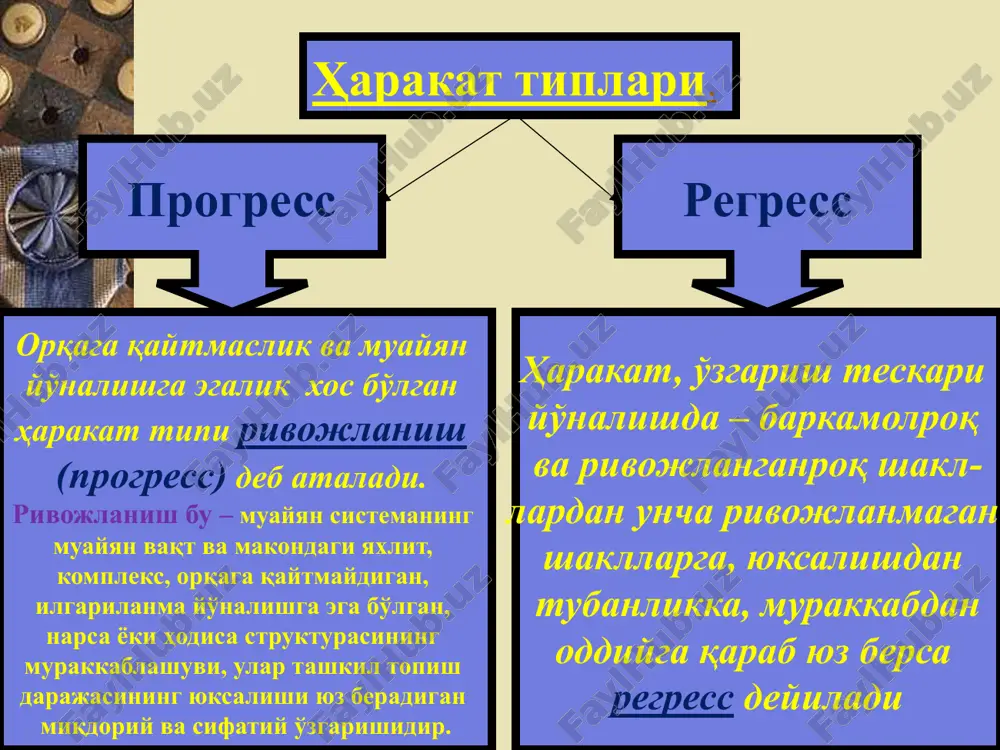 aniq-lik-predmetni tavsiflaydigan xossalar yi-g'indisi son predmetga ayniy bo'lmagan aniqlik predmet taraqqiyotining uzunligi, kengligi, xajmi tavsiflaydigan xossalar yig'indisi sifat son son o'zgarishlari: - yangi sifat xossasining asta - sekinlik bilan to'planishi; - mavjud sifat doirasidagi har qanday o'zgarish sifat o'zgarishlari: - eski sifatdan yangi sifatga o'tish me'yor (aniqlik birligi) sakrash (o'zgarishlarning uzilishi) taraqqiyot sonning sifatga o'tishi bilan emas, balki eski sifatning yangi sifatga o'tishi shaklida amalga oshadi. taraqqiyot son o'zgarishlarining sifat o'zgarishlariga o'zaro o'tishdir. miqdor o'zgarishlarining sifat o'zgarishlariga o'tishi qonuni 10 miqdor predmetning hajmi, o'lchovi, og'irligi, harakat tezligi va shu kabilar bilan tafsiflanadi. sifat narsalarning ichki va tashqi muayyanligi bo'lib, uning qator xossa, belgi, xususiyatlari birligini ifodalaydi. me'yor esa miqdor va sifatning birligi, o'zaro bog'liqligini ifodalovchi tushunchadir. miqdor va sifat qonuni 11 inkorni inkor qonuni: yangilik doimo eskilikni inkor etadi va uning o'rnini egallaydi, ammo asta sekin o'zi ham eskiga aylanadi va yanada yangi bilan inkor etiladi. masalan, ijtimoiy-iqtisodiy jarayonlarning o'rin …