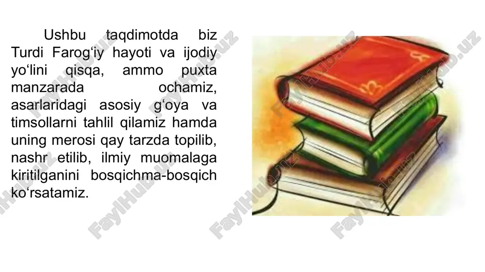 ngini saqlagan holda, so‘zning ma’naviy mas’uliyatini ham yuksak qo‘yadi; hajvlari esa badiiylikdan voz kechmagan holda, ijtimoiy tashxisning aniq va ishonchli vositasiga aylanadi. natijada u o‘zbek she’riyatida realistik nigohni, xalq hayotiga yaqin obraz va tildan foydalanish madaniyatini mustahkamlagan shoir sifatida ko‘rinadi. turdiyman qatrayam nochiz,ammo zoti qulzum turdiyman, kelturan amvojg’a bahri talotum turdiyman. qirq,yuz,ming aqrabolar etdilar mandin nufur, ne balo,baxti qarou tolui shum turdiyman. rishtadek ming pechu tob chashmi so’zandin o’tar, bovujudi e’tibori chashmi mardum turdiyman. farog‘iy merosiga yuz tutgan o‘quvchi faqat badiiy matnni emas, balki davrning tirik hujjatini o‘qiydi. har satrda tarixiy fon, ruhiy kayfiyat va fuqarolik jasorati seziladi. shu jihatlar uni bugun ham muhim qiladi: adolat va halollik haqidagi talabi hozirgi o‘quvchi ongida ham jaranglaydi, xalqona til va ixcham badiiy uslub esa zamonaviy didga mos, ta’sirchan va yodda qoladigan darajada sodda. turdi farog‘iy shoir sifatida nafaqat go‘zallikni, balki haqiqatni ham himoya qilgan — uning adabiy merosi aynan shu haqiqatparvarlik tufayli …