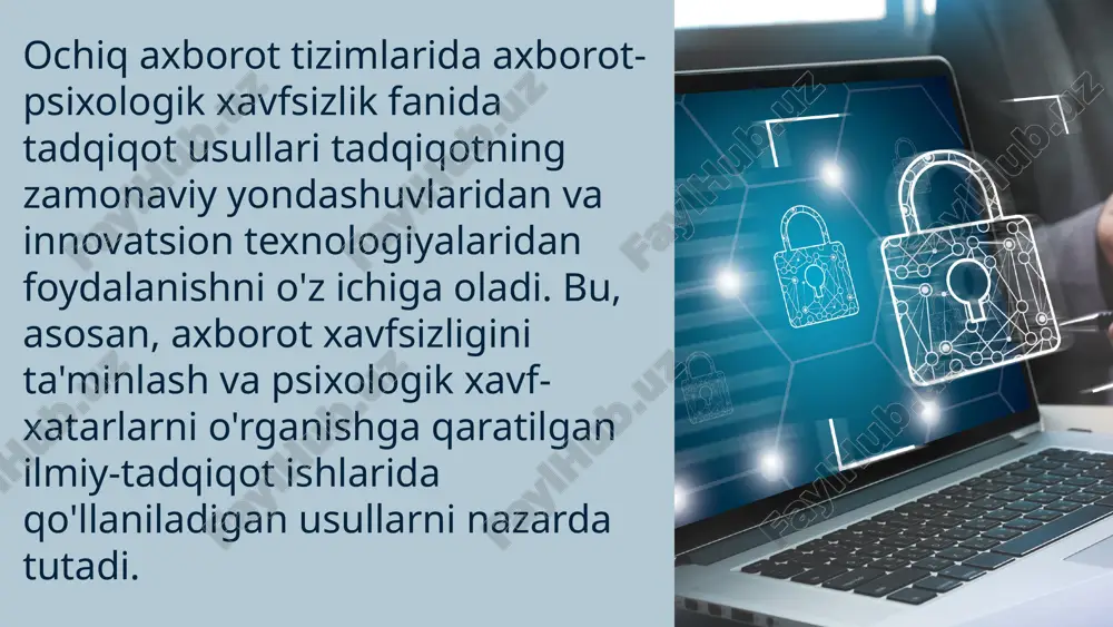 shliligi o‘rganiladi. tadqiqot natijalari shuni ko‘rsatadiki, axborot muhitida psixologik xavfsizlikni ta’minlash uchun insonning axborot madaniyatini oshirish, tanqidiy fikrlashni rivojlantirish va shaxsiy axborot himoyasini mustahkamlash muhimdir. xulosa qilib aytganda, ochiq axborot tizimlarida psixologik xavfsizlikni ta’minlash bo‘yicha tadqiqot usullari nafaqat ilmiy ahamiyatga ega, balki amaliy jihatdan ham dolzarbdir. ular yordamida insonning raqamli muhitdagi ruhiy barqarorligi, ijtimoiy moslashuvi va axborotdan oqilona foydalanish ko‘nikmalari rivojlantiriladi. xohlaysizmi, men bu xulosani ilmiy maqola, prezentatsiya, yoki referat formatida qayta yozib beray? etiboringiz uchun rahmat!!! image1.jpeg image2.jpeg image3.jpeg image4.jpeg image5.jpeg image6.jpeg image7.jpeg image8.jpeg image9.jpeg image10.jpeg image11.jpeg image12.jpeg image13.jpeg image14.jpeg /docprops/thumbnail.jpeg