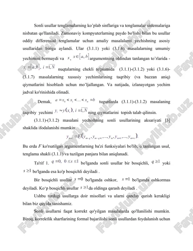 laymiz . ushbu usulning hisoblash formulalarini olishning bir necha yondashuvlari mavjud [3]. keling, ulardan biriga to'xtalib o'tamiz. x argumentining uzluksiz o'zgarishi viloyati bilan almashtiriladi diskret nuqtalar to'plami panjaralar, tugunlar deb ataladi. h-panjara oralig’i. 3.2.1 (3.2.1)-(3.2.1) masalaning raqamli yechimi qiymatlar jadvalidir: (3.2.2) qayerda -yechimning tugundagi farqi yoki son qiymati uchun (3.2.1) tenglamani yozamiz . hosilning ta'rifi bo'yicha bizda ... bor: (3.2.3) (3.2.3) chegarani rad etib, hosilani almashtiramiz chekli farqlar munosabati: (3.2.4) (3.2.4) ni (3.2.1) ga almashtirib, quyidagini olamiz: -tugundagi koshi masalasining yechimining qiymati belgilang orqali - farqni qanoatlantiruvchi sonli yechim tenglama (3.2.5) yoki (3.2.6) boshlang'ich shartni (3.2.2) hisobga olib, farq tenglamasidan (3.2.6) foydalanib, biz ketma-ket aniqlashimiz mumkin: demak, eyler usulining hisoblash algoritmi (3.2.5), (3.2.2) yoki (3.2.6), (3.2.2) quriladi. eyler usulida olingan taxminiy yechimning grafik tasviri. eyler siniq chizig'ini ketma-ket nuqtalar bog'lovchi siniq chiziqdir.(2.1-rasm). y (2.1-rasm). x misol. eyler usulidan foydalanib, birinchi tartibli oddiy differinsial tenlama uchun koshi muammosini yechish uchun qiymatlar …