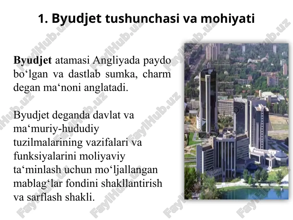 sabatlarni tartibga solishdan iborat. o‘zbekiston respublikasining qonuni konsolidatsiyalashgan byudjet – byudjet tizimi byudjetlarining barcha tushumlarini hamda xarajatlarini hisobga olish va tahlil qilish maqsadida shakllantiriladigan byudjet. konsolidatsiyalashgan byudjet tarkibiga davlat byudjeti, davlat maqsadli jamg‘armalarining byudjetlari, byudjet tashkilotlarining byudjetdan tashqari jamg‘armalari va o‘zbekiston respublikasi tiklanish va taraqqiyot jamg‘armasi mablag‘lari kiradi. o‘zbekiston respublikasining qonuni o‘zbekiston respublikasi tiklanish va taraqqiyot jamg‘armasi o‘zbekiston respublikasining qonuni o’zbekiston respublikasi tiklanish va taraqqiyot jamg’armasi iqtisodiyotning yetakchi, eng avvalo bazaviy tarmoqlarini modernizatsiyalash va texnikaviy qayta qurollantirish loyihalari amalga oshirilishini ta’minlash, mamlakatni muttasil, barqaror va mutanosib ravishda ijtimoiy-iqtisodiy rivojlantirishga erishish, shuningdek, samarali tarkibiy va investitsiyaviy siyosatni amalga oshirish maqsadida o’zbekiston respublikasi prezidentining 2006-yil 11-maydagi pf-3751-son farmoniga muvofiq 2006-yilda tashkil etilgan bo’lib, o’zbekiston respublikasi vazirlar mahkamasi huzuridagi moliyaviy muassasa hisoblanadi. o‘zbekiston respublikasining qonuni davlat hokimiyati organlari va respublika ijro etuvchi hokimiyat organlarining, sud va prokuratura organlarining budjetdan tashqari jamg‘armalariga soliqlar, davlat bojlari, yig‘imlar va soliq bo‘lmagan to‘lovlar, ma’muriy jarimalar hamda moliyaviy …