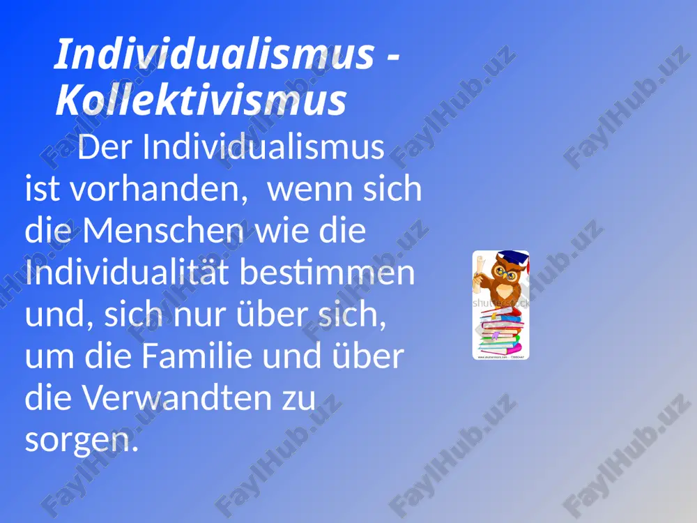 enmitglieder mit. der individualismusindex korreliert stark mit dem machtdistanzindex, jedoch auch einige ausnahmen, am verwunderlichsten sind frankreich und costa rica. beide indizes sind von der wirtschaftlichen entwicklung abhängig. genaue informationen bieten anhang 2 (individualismusindextabelle) und anhang 3 (korrelationstabelle). individualismus oder kollektivismus? wir – gefühl im geschäftsleben haben persönliche beziehungen vorrang vor aufgabe und firma (gute beziehung – gute geschäfte) ich – gefühl berufliches und privates sind strikt getrennt gruppen- / familieninteressen schlechte leistung ist ein grund für andere aufgaben berufliches und privates werden gemischt eigene interessen im geschäftsleben haben aufgabe und firma vorrang vor persönlichen beziehung (gute geschäfte – gute beziehung ) schlechte leistung ist ein grund für entlassung individualismus - kollektivismus wir – gefühl im geschäftsleben haben persönliche beziehungen vorrang vor aufgabe und firma (gute beziehung – gute geschäfte) schlechte leistung ist ein grund für andere aufgaben gruppen- / familieninteressen berufliches und privates werden gemischt ich – gefühl im …