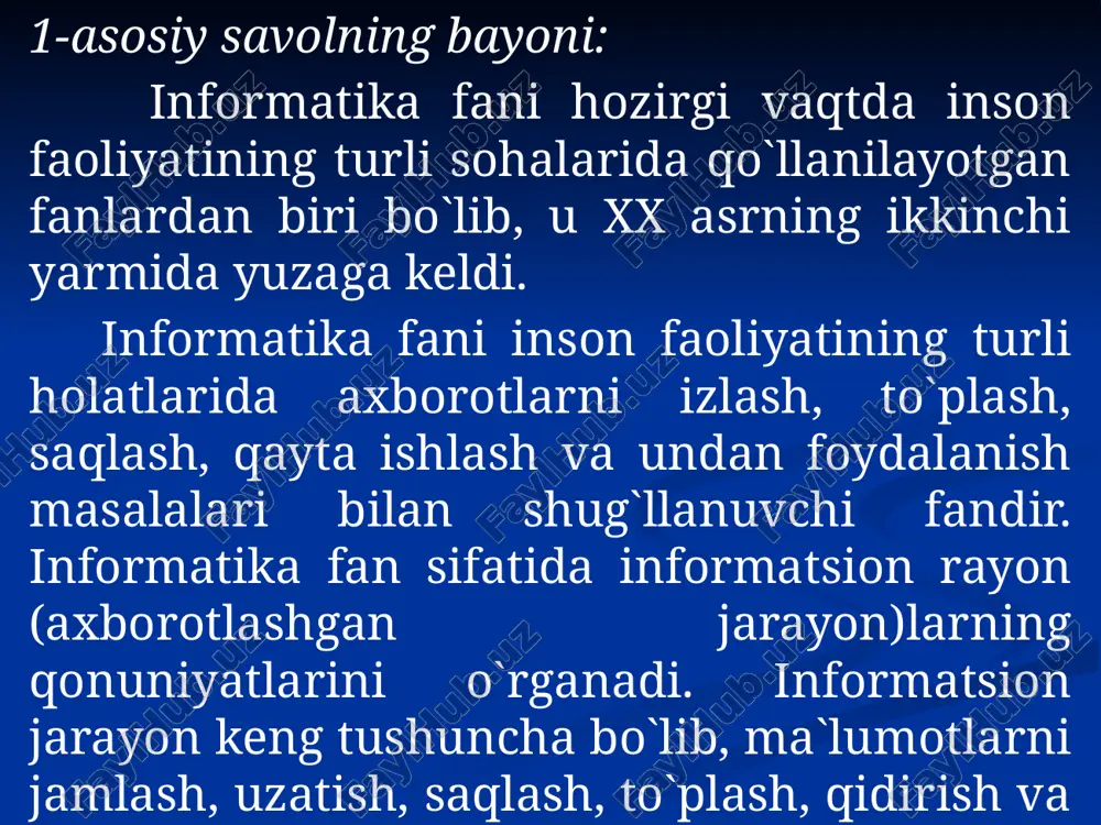 i izohlang. foydalanilgan adabiyotlar ma`ruza matni a. a. abduqodirov, a. g`. hayitov, r. r. shodiev «axborot texnologiyalari» t. – “o`qituvchi” – 2002 yil. yu. shafrin «osnovo` kompyuternoy texnologii» spravochnik shkolnika moskva, 2000 g. n.taylaqov, a.axmedov «ibm–pc kompyuteri» t.:«o`zbekiston»,2001 y. d. e. toshtemirov «informatika va axborot texnologiyalari» fanidan zamonaviy pedagogik texnologiyalar asosida tayyorlangan muammoli ma`ruza matnlari, guliston – 2004 y. s. p. allayorov, s. t. raxmonov, s. i. qulmamatov, d. e. toshtemirov «informatika va axborot texnologiyalari fanidan laboratoriya ishlari», guliston – 2003 e`tiboringiz uchun rahmat ! audio1.wav image1.jpeg image2.jpeg image3.jpeg image4.jpeg image5.png image6.jpeg image7.png image8.jpeg image9.jpeg image10.jpeg /docprops/thumbnail.jpeg