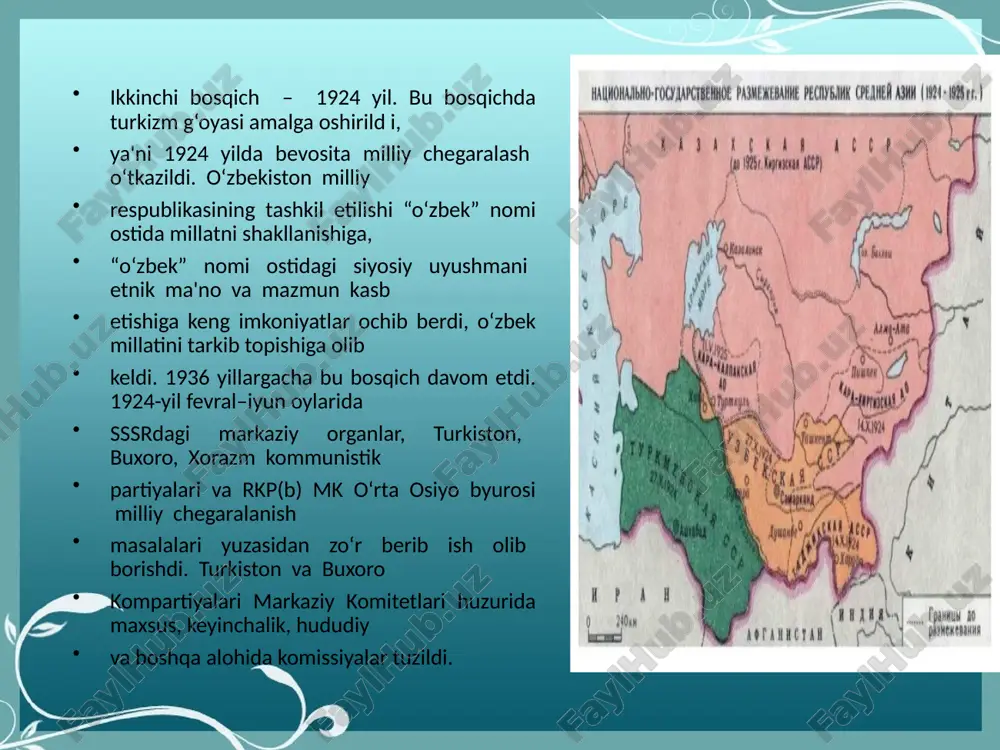 madi. o‘zbekistonning 1924-1938-yillardagi ma'muriy-hududiy bo‘linishi sovet ittifoqi tarkibiga kirishi bilan bog‘liq bo‘lib, bu davr markaziy osiyodagi respublikalar va hududlar chegaralarining shakllanishi uchun juda muhim davr hisoblanadi. 1924-yilda markaziy osiyoda sovet milliy-territorial chegaralanish jarayoni amalga oshirildi, bu jarayon natijasida hozirgi o‘zbekiston respublikasi hududlari belgilangan. bu davrda respublika va uning ma'muriy bo‘linish tizimi shakllantirildi. 1. 1924-yilgi milliy-territorial chegaralanish 1924-yilda sovet ittifoqi markaziy osiyo mintaqasini qayta tashkil etishga kirishdi. bu jarayon natijasida turkiston assr, buxoro xalq sovet respublikasi va xorazm xalq sovet respublikasi mavjud bo‘lgan hududlar o‘zgartirildi. turkiston assr va boshqa hududlar bo‘linib, milliy asosda yangi respublikalar tashkil etildi. o‘zbekiston sovet sotsialistik respublikasi (o‘zbekiston ssr) ushbu jarayon natijasida shakllandi. 1924-yilda milliy-territorial chegara tuzilganidan so‘ng, o‘zbekiston ssr tarkibiga quyidagi hududlar kirdi: samarqand va buxoro hududlari. xorazm hududlari (sobiq xorazm xalq sovet respublikasi). turkiston assrning qator hududlari, jumladan toshkent va farg‘ona vodiysi. bu jarayonda o‘zbekiston ssr bilan bir qatorda boshqa respublikalar ham tashkil etilgan, jumladan, …