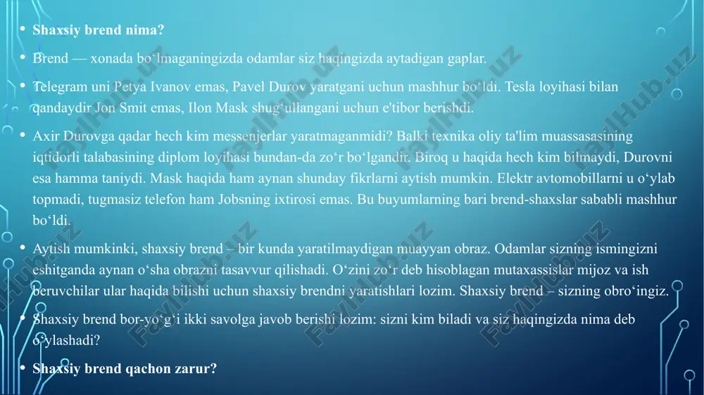 ib olishga nima undaydi. bu haqda massachusets texnologiyalar universiteti phd’si darya dzyaburaning “vtimes” ga bergan intervyusida batafsil aytib o’tiladi. nega “lays” kompaniyasi brend ostida limonadlarini sota olmadi o’z brendingiz uchun bir nechta mahsulotlarni ishlab chiqarishingiz mumkin. lekin ular bir-biriga aslo qarama- qarshi bo’lmasligi kerak. masalan, quritilgan chipslar ishlab chiqaruvchi “lays” kompaniyasi o’z brendi ostida yaxna ichimlik — limonad ishlab chiqarishni yo’lga qo’ydi. ammo mahsulotga talab bo’lmagach ishlab chiqarish to’xtatildi. iste’molchilar shunchaki ushbu brend ostidagi limonadnin sotib olishni xohlashmadi. bu esa assostsiatsiyalashmagan mahsulotga misol bo’ladi. brend bilan moslashuv o’sha kompaniyaning ishchi xodimlariga qarab shakllanishi mumkin. misol uchun: apple kompaniyasi dunyoning eng boy brendi hisoblanishiga qaramay, uning xodimlari doim futbolka va juda yengil holatda yuurishadi. aksincha qimmat avtomobillar sotadigan dilerlik markazlarida esa xodimlar doim rasmiy kiyimda bo’lishadi. bu detallar ham kompaniya brendi bilan bog’liq. brendlar o’rtasidagi urush foyda olib keladimi agar ikkita brendning faoliyati bir-biriga yaqin bo’lsa unda ular o’rtasida faqatgina narxlar …