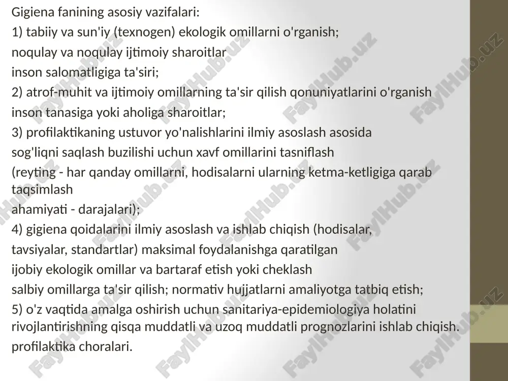 lmiy asoslash. mashina" (ergonomika); • kimyoviy moddalarning ishchilar salomatligiga ta'sirini kamaytirish chora-tadbirlarini ilmiy asoslash mehnat muhiti omillari (sanoat toksikologiyasi); • optimal gigienik mehnat sharoitlarini ta'minlash chora-tadbirlarini ilmiy asoslash faoliyat (mikroiqlim, shovqin, yoritish, shamollatish, chiqindilarni boshqarish va boshqalar). (sanoat sanitariyasi); • ishchilarning sog'lig'i holati va mehnat sharoitlari va mehnat jarayoni omillari o'rtasidagi bog'liqlikni o'rganish. oziq-ovqat gigienasi: • ratsional, sog'lom, terapevtik, funktsional, profilaktika, optimal ovqatlanish; • oziq-ovqat mahsulotlari va oziq-ovqat xomashyosi xavfsizligini ta'minlash; • oziqlanish omillari bilan bog'liq yuqumli va yuqumli bo'lmagan kasalliklarning oldini olish; • oziq-ovqat korxonalarini sanitariya jihatdan yaxshilash masalalarini ishlab chiqish; • aholi salomatligi holati va oziqlanish omili o'rtasidagi bog'liqlikni o'rganish. bolalar va o'smirlar gigienasi: • o‘quv jarayonini tashkil etishning gigienik talablarini ilmiy asoslash va amalga oshirish; • bolalar muassasalarining sanitariya-epidemiologiya rejimiga qo'yiladigan gigiyenik talablarni ilmiy asoslash; • mo'ljallangan mebel, jihozlar, asboblar, o'quv adabiyotlariga gigienik talablarni ishlab chiqish bolalar muassasalarida foydalanish; • bolalar muassasalarini rejalashtirish va joylashtirishning gigienik talablarini …