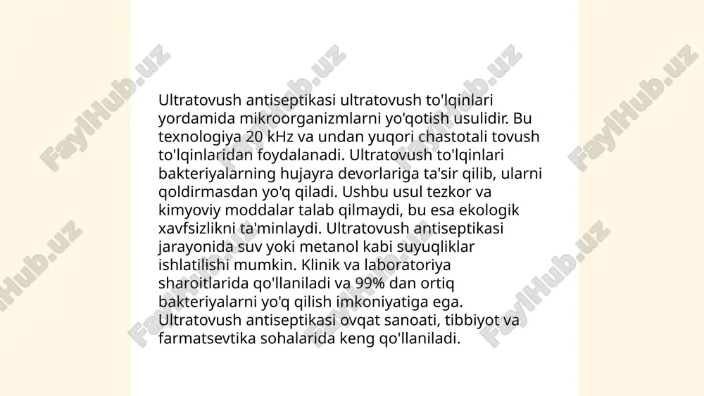 lar shuni ko'rsatadiki, bu usul bilan 99% gacha mikrob va bakteriyalarni yo'q qilish mumkin. dezinfeksiya jarayoni odatda qisqa muddatda – 5-15 daqiqada amalga oshadi, bu esa vaqt va resurslarni tejashga yordam beradi. zamonaviy fizik antiseptika usullari. kimyoviy va biologik antiseptiklar guruhlari neʼmatova ruxshona e'tiboringiz uchun raxmat! image1.png image2.png image3.png image4.png image5.jpg image6.png image7.png /docprops/thumbnail.jpeg